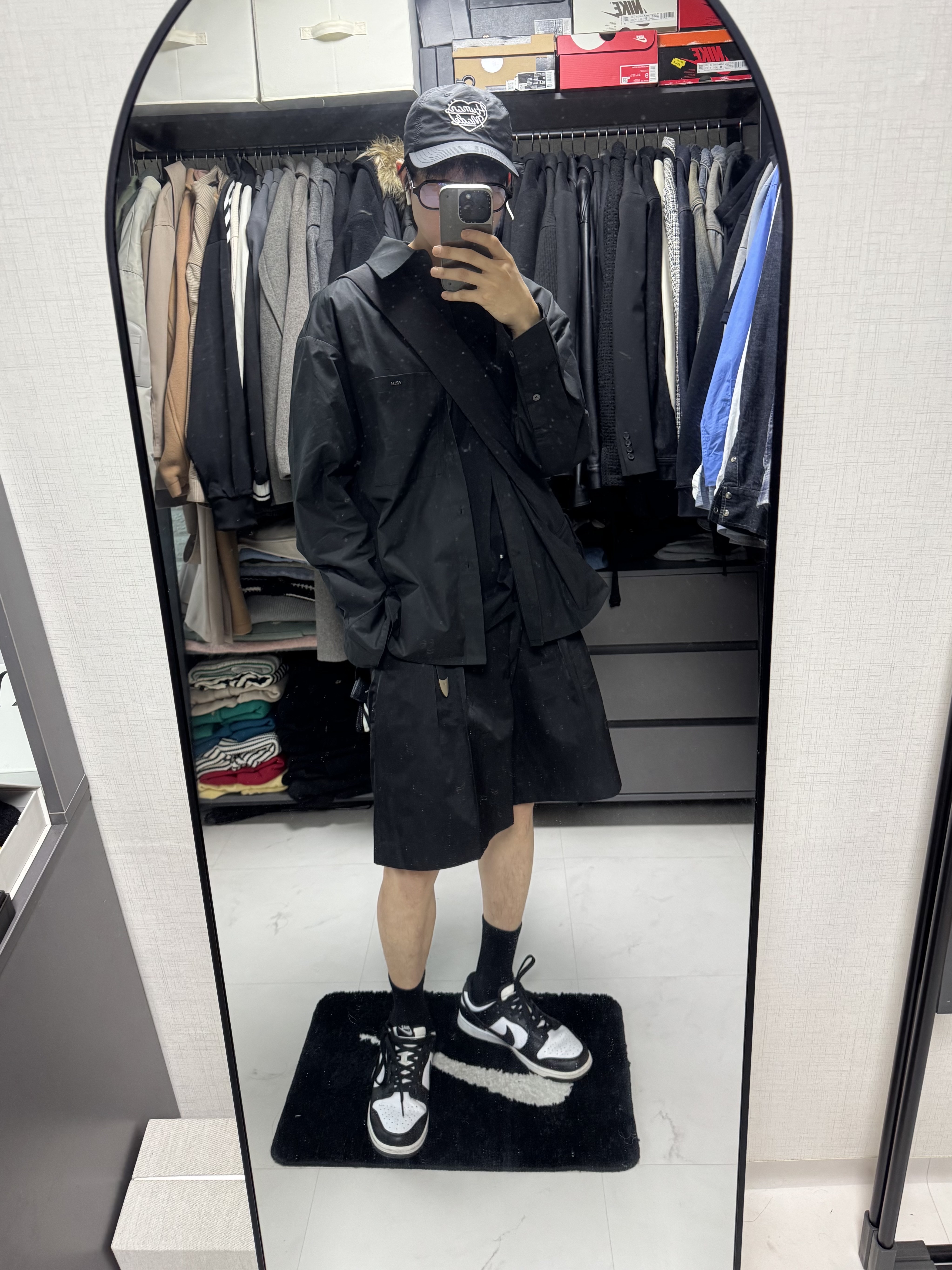 Human Made 5 Panel Nylon Cap Black, Wooyoungmi Cotton Back Logo Shirt Black - 25SS 착용 스타일 - 1