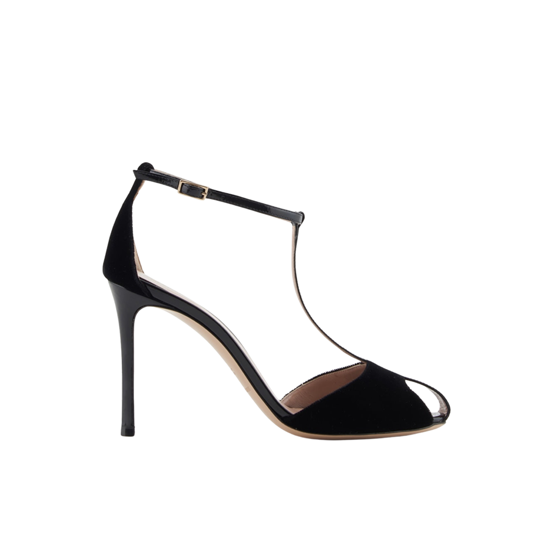 (W) 엠포리오 아르마니 벨벳 페이턴트 레더 T-바 힐 샌들 블랙((W) Emporio Armani Velvet and Patent Leather T-Bar Heeled Sandals Black) - 1