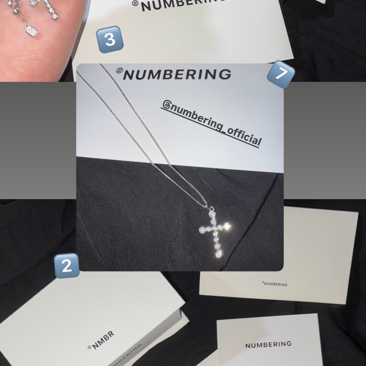 NUMBERING #3729 Round Brilliant Gradient Cross Necklace White 착용 스타일 - 1