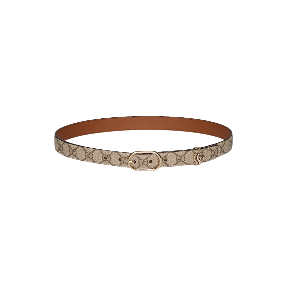 (W) 구찌 오발 버클 GG 벨트 베이지 다크 브라운((W) Gucci GG Belt with Oval Buckle Beige Dark Brown) - 1