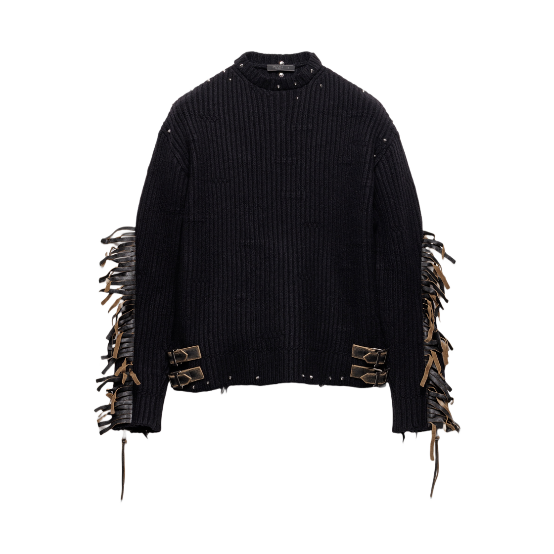 프라다 울 크루넥 스웨터 프린지 앤 스터드 블랙(Prada Wool Crew Neck Sweater with Fringe and Studs Black) - 1