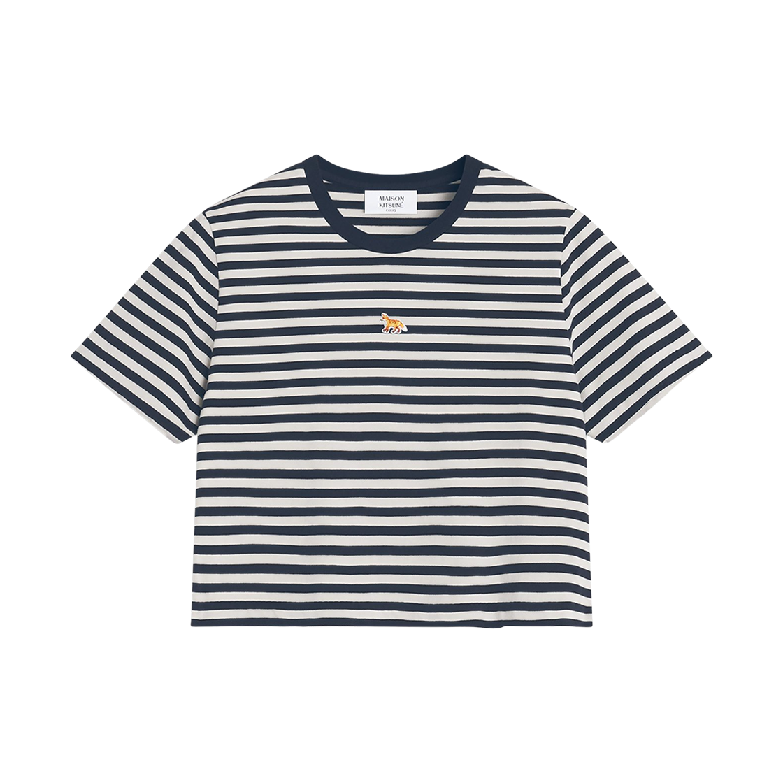 (W) 메종 키츠네 베이비 폭스 스트라이프 베이비 티셔츠 다크 네이비 파치먼트 화이트((W) Maison Kitsune Baby Fox Striped Baby T-Shirt Dark Navy Parchment White) - 1