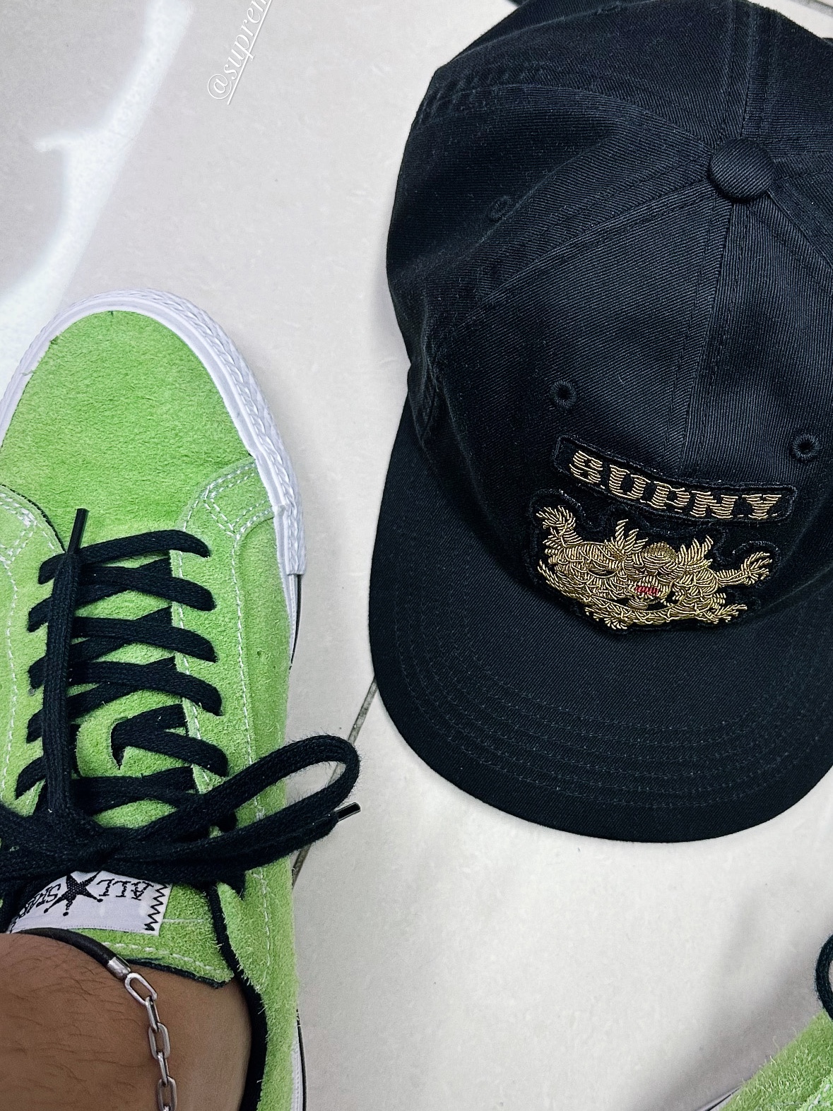 Converse x Stussy One Star Pro Ox 8 Ball Green, Supreme Bullion Dragon 6-Panel Black - 25SS 착용 스타일