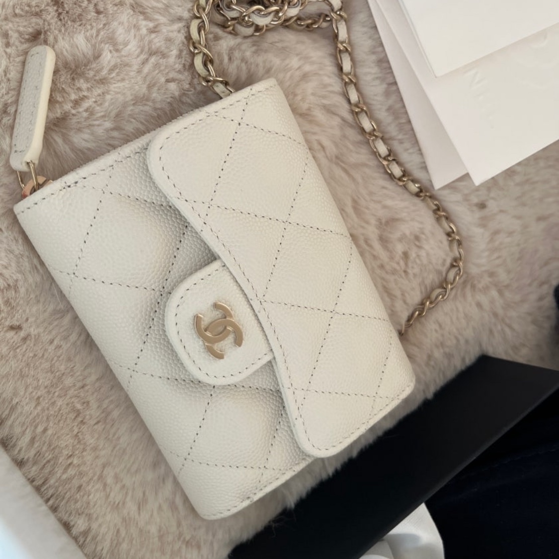 Chanel Classic Zipped Flap Card Holder with Chain Grained Calfskin & Gold Light Beige 착용 스타일