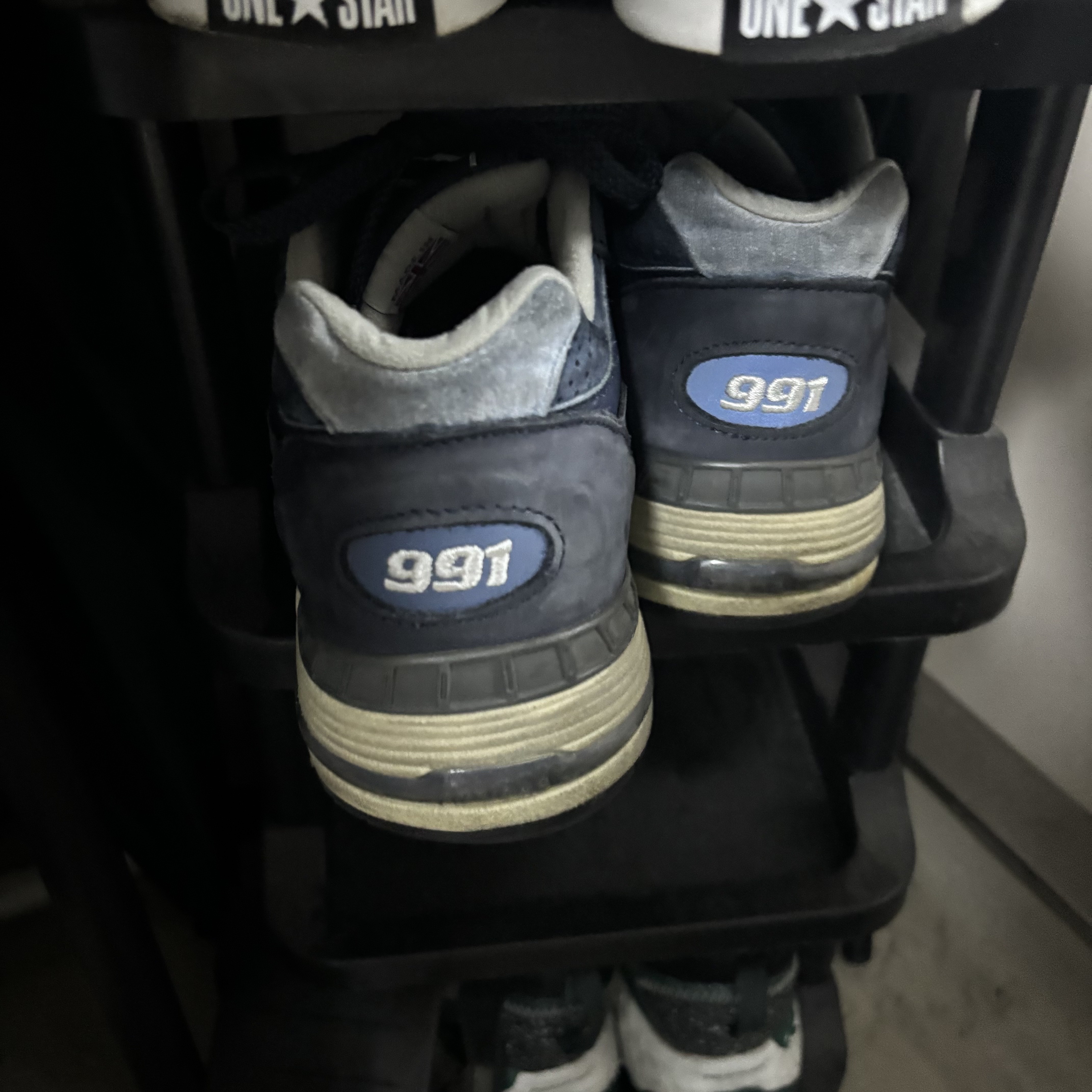 New Balance 991 Made in UK Navy Leather 착용 스타일 - 4