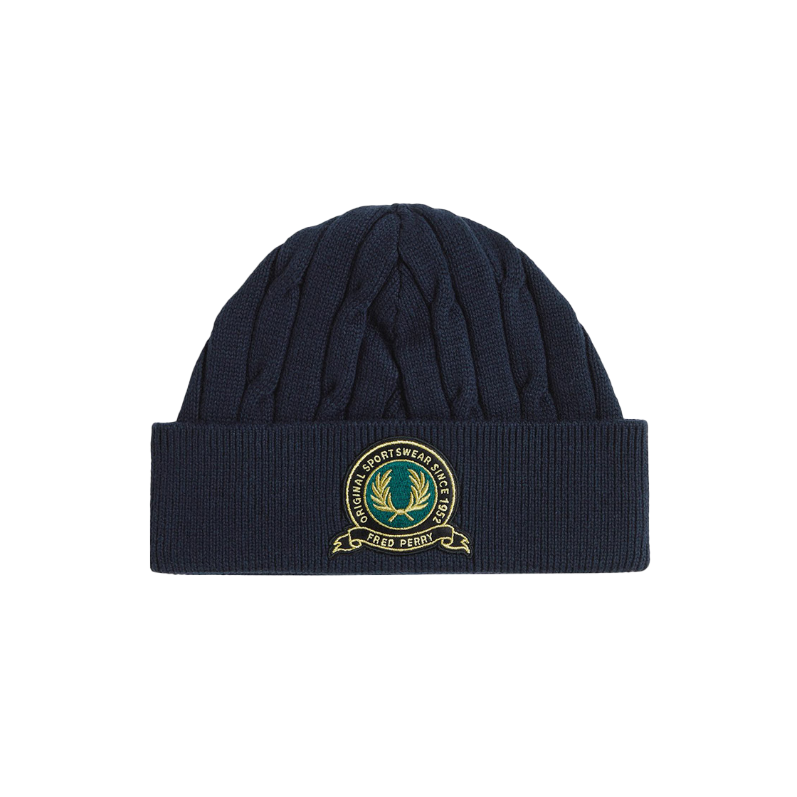 CFPU2531135-608 Fred Perry Clubhouse Tennis Badge Cable Beanie Navy Snow White
