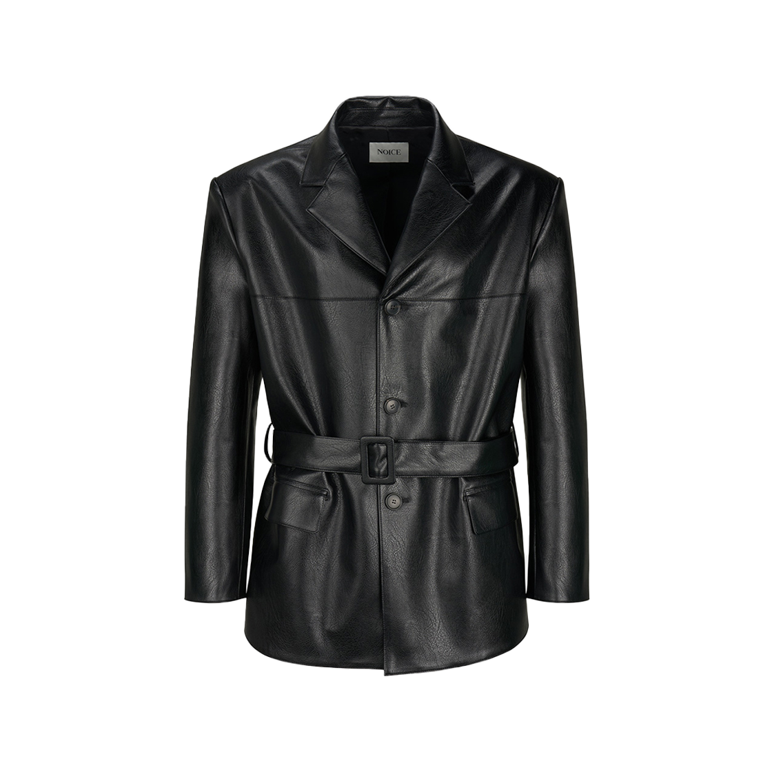 노이스 오버사이즈 벨티드 인조 가죽 재킷 블랙