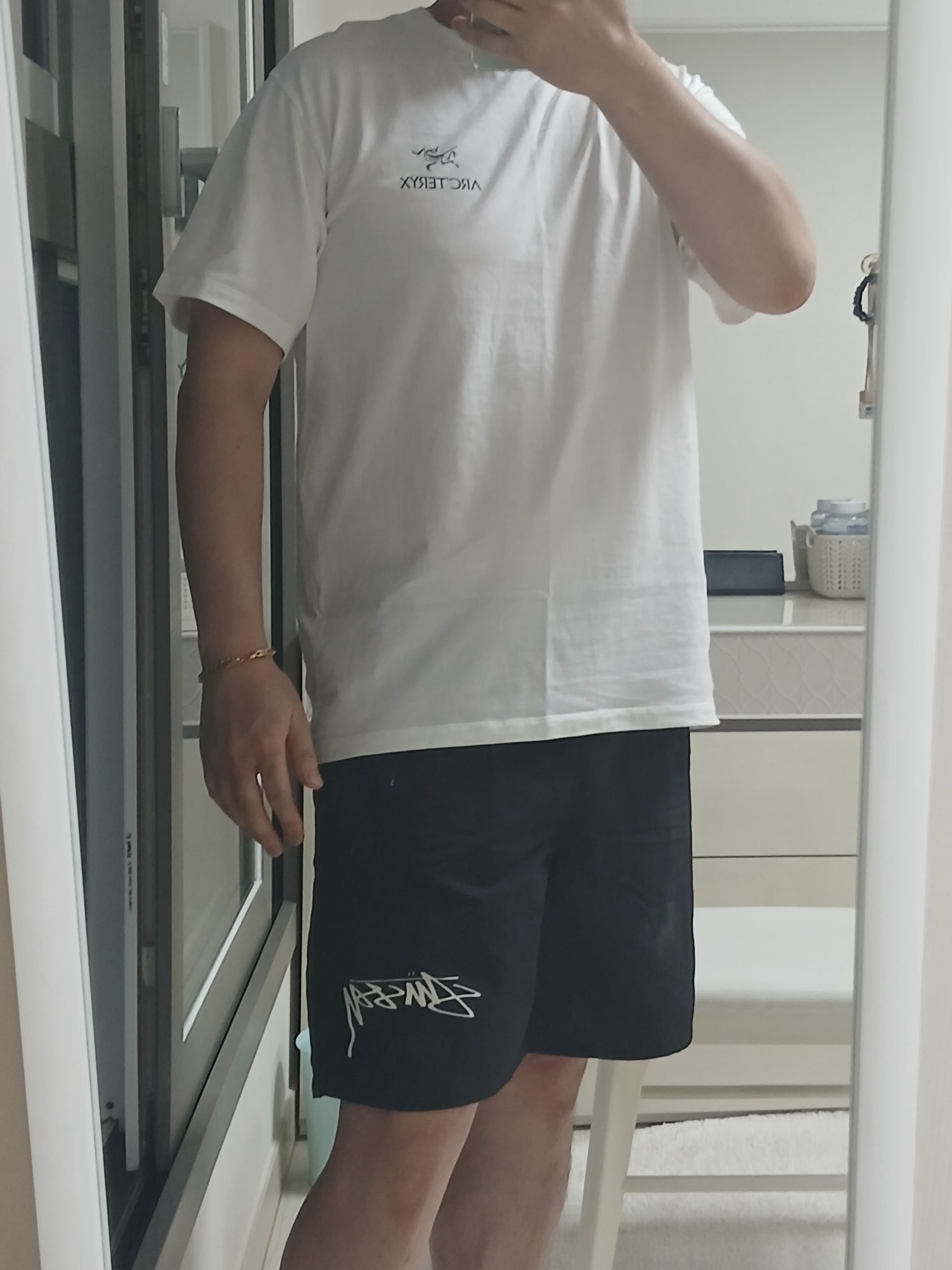 Arc'teryx Kragg SL Cotton Bird Word SS T-Shirt White Light Black, Nike x Stussy Shorts Black (FJ9167-010) 착용 스타일 - 2