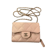 Chanel Classic Zipped Flap Card Holder with Chain Grained Calfskin & Gold Light Beige
