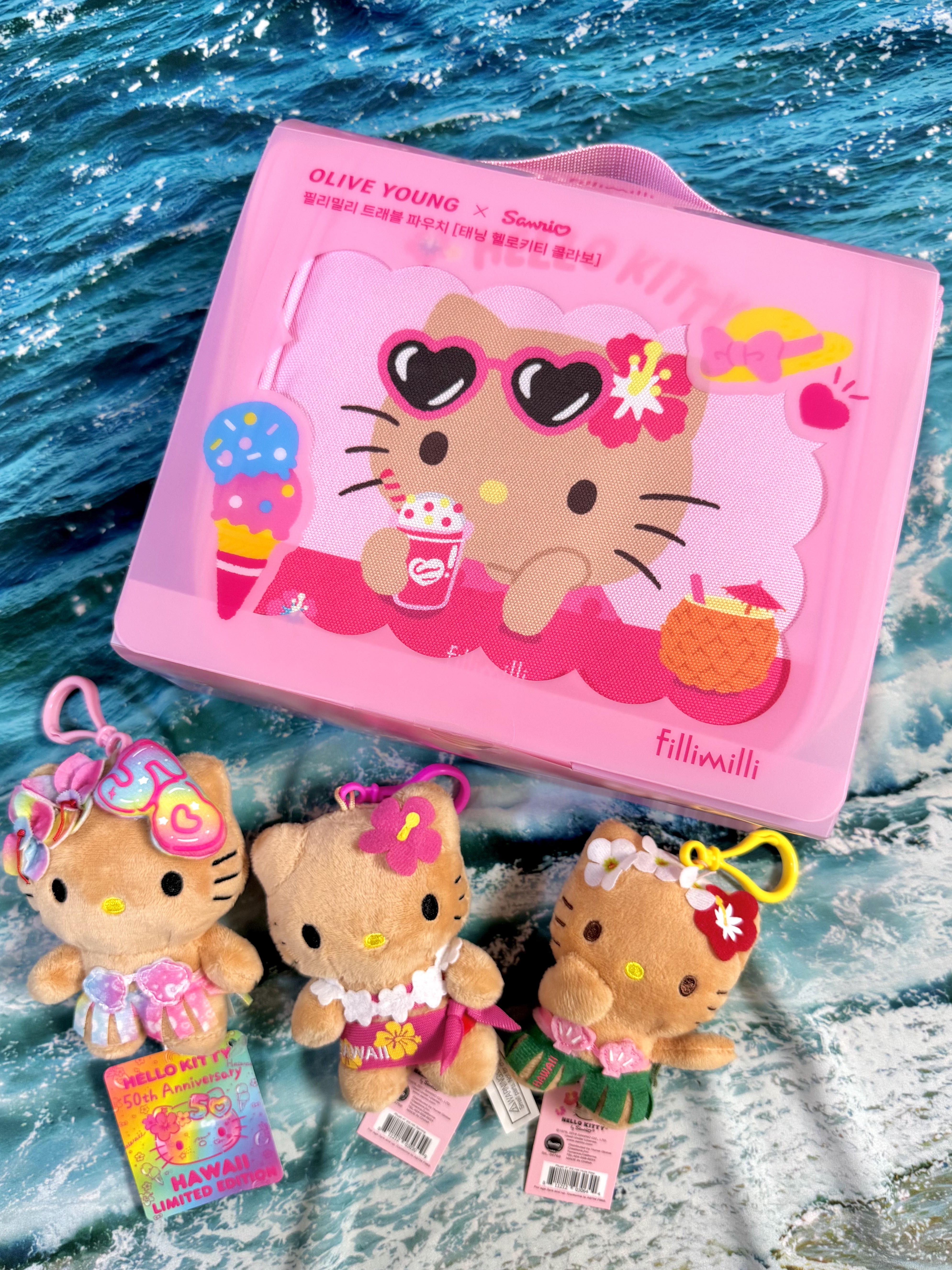 Sanrio x Fillimilli Tanning Hello Kitty Travel Pouch Pink, Sanrio Hello Kitty Sarong 4" Hawaii Series Plush 착용 스타일 - 7