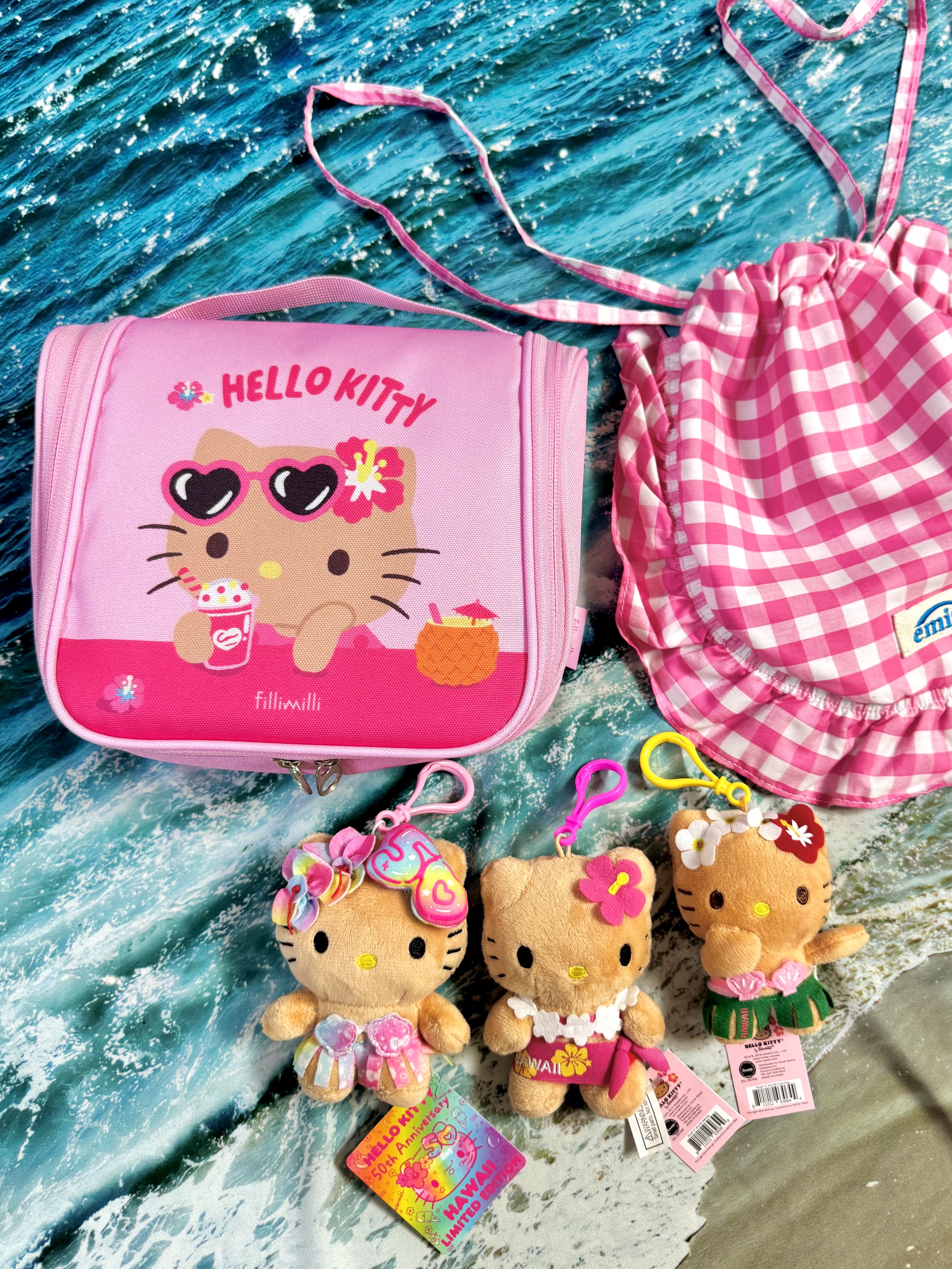 Sanrio x Fillimilli Tanning Hello Kitty Travel Pouch Pink, Sanrio Hello Kitty Sarong 4" Hawaii Series Plush 착용 스타일 - 1