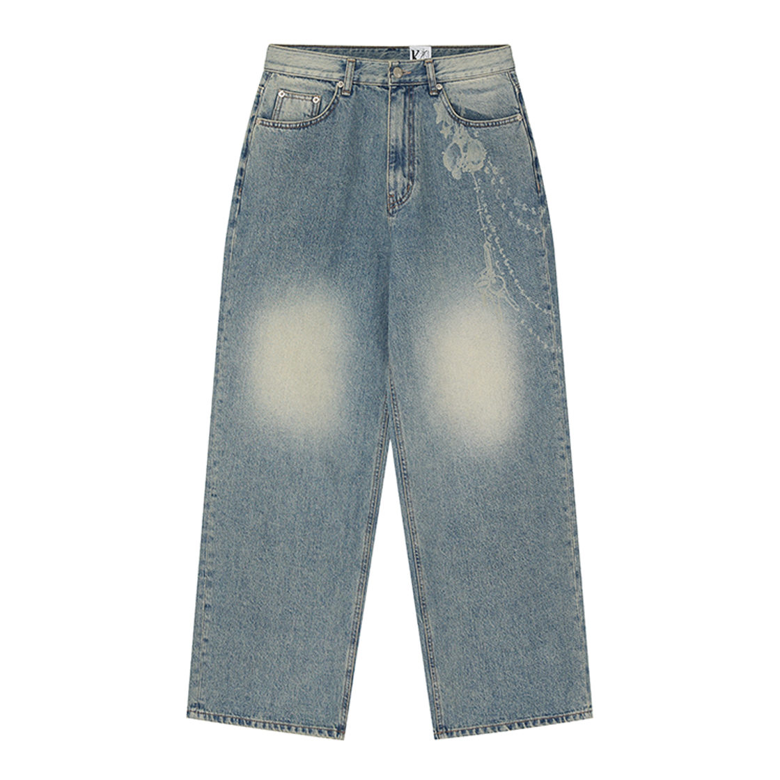 49870 Kashiko Chain Wide Denim Pants Light Blue