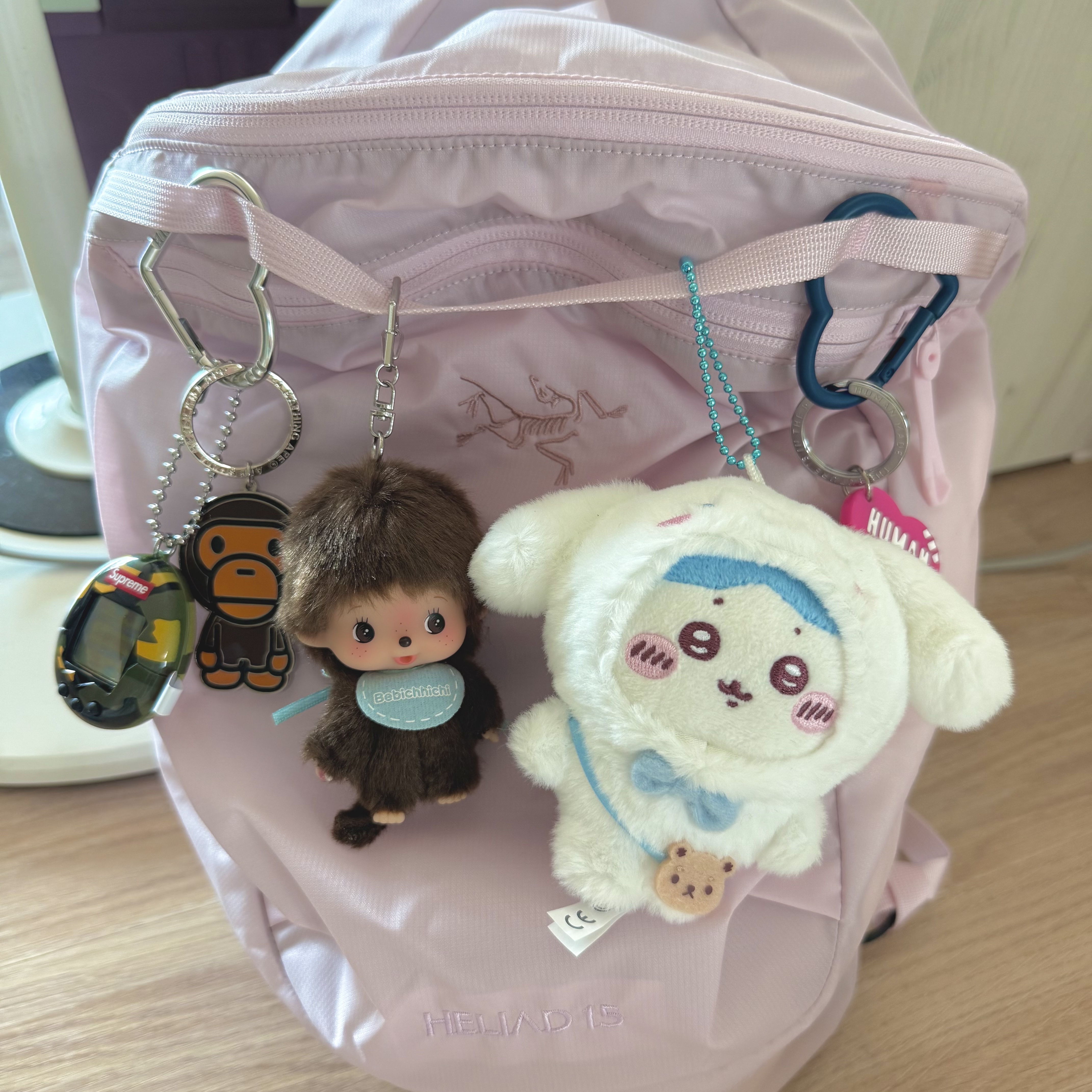 Arc'teryx Heliad 15 Backpack Pink Glow, Sanrio x Chiikawa Cinnamoroll Chiikawa Mascot Holder Hachiware 착용 스타일