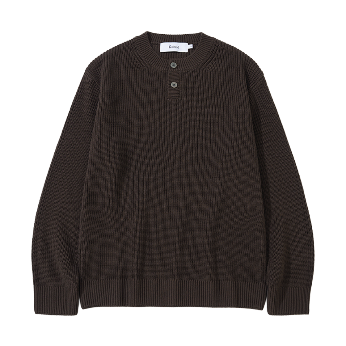 니티드 코튼 헨리넥 와플 니트 브라운(Knitted Cotton Henley Neck Waffle Knit Brown)