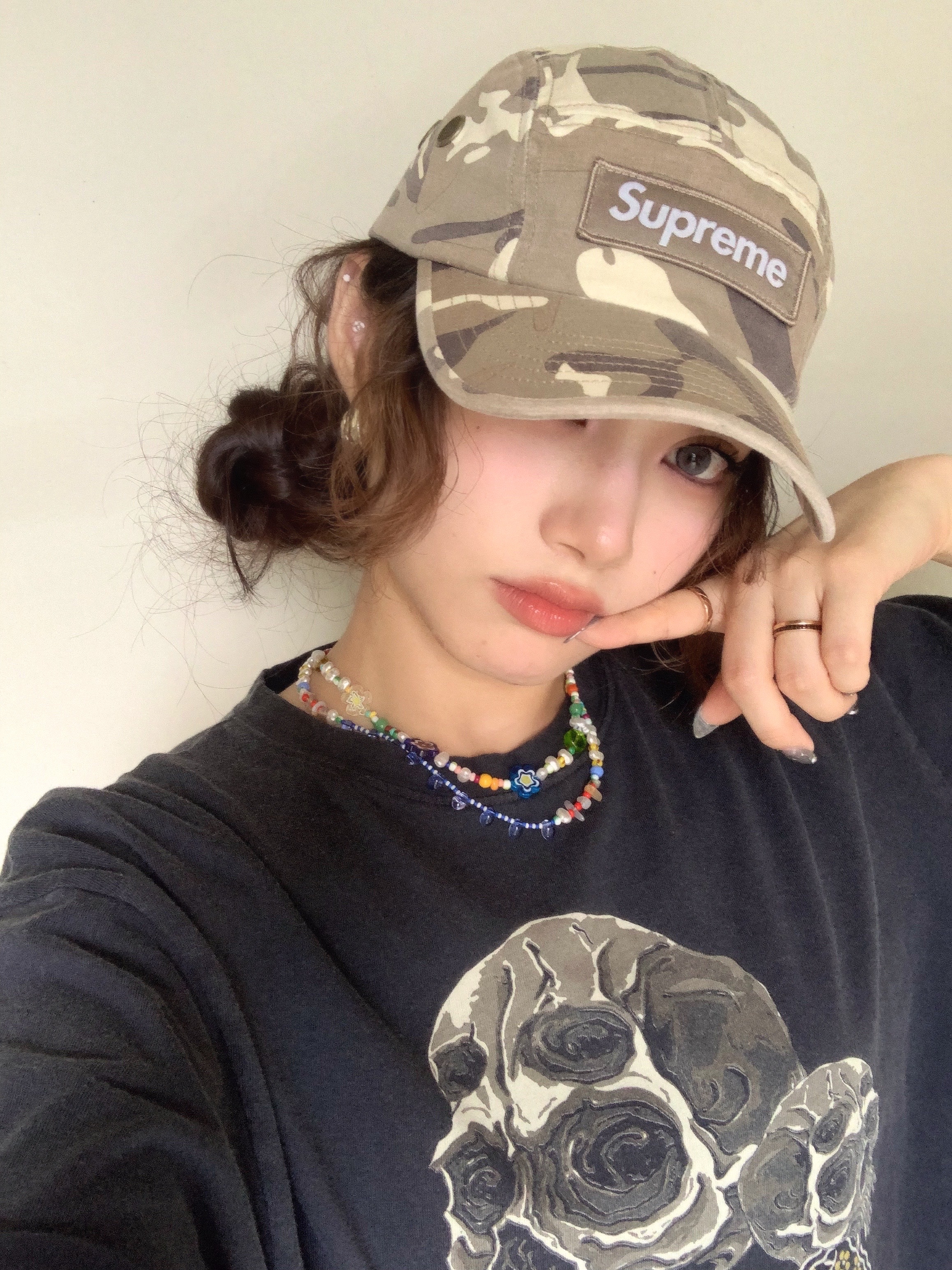Kapital 20 Jersey Crew T-Shirt Peckish Rain Skull Pt Black, Supreme Military Camp Cap Stone Camo - 23SS 착용 스타일