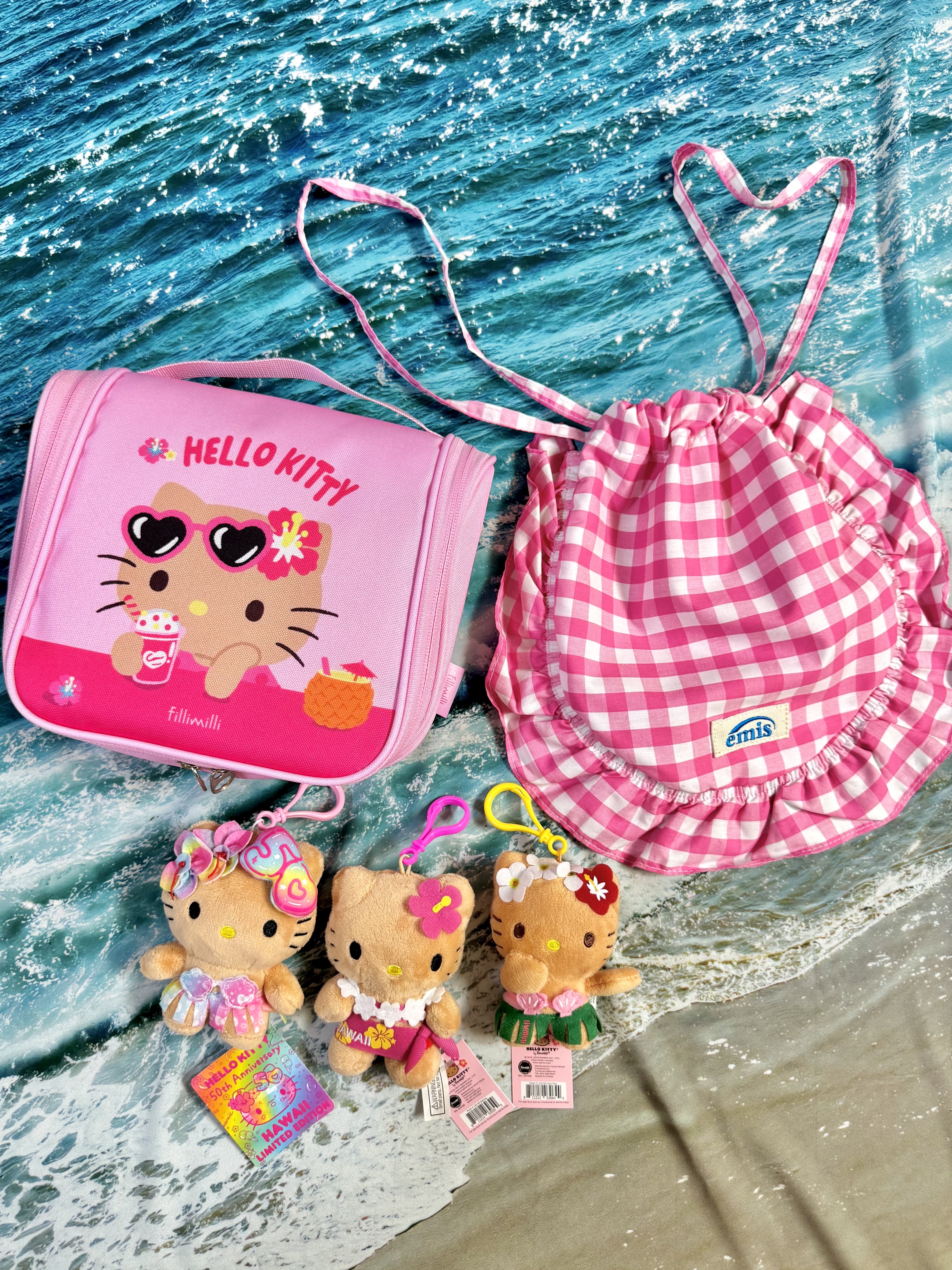 Sanrio x Fillimilli Tanning Hello Kitty Travel Pouch Pink, Sanrio Hello Kitty Sarong 4" Hawaii Series Plush 착용 스타일 - 8