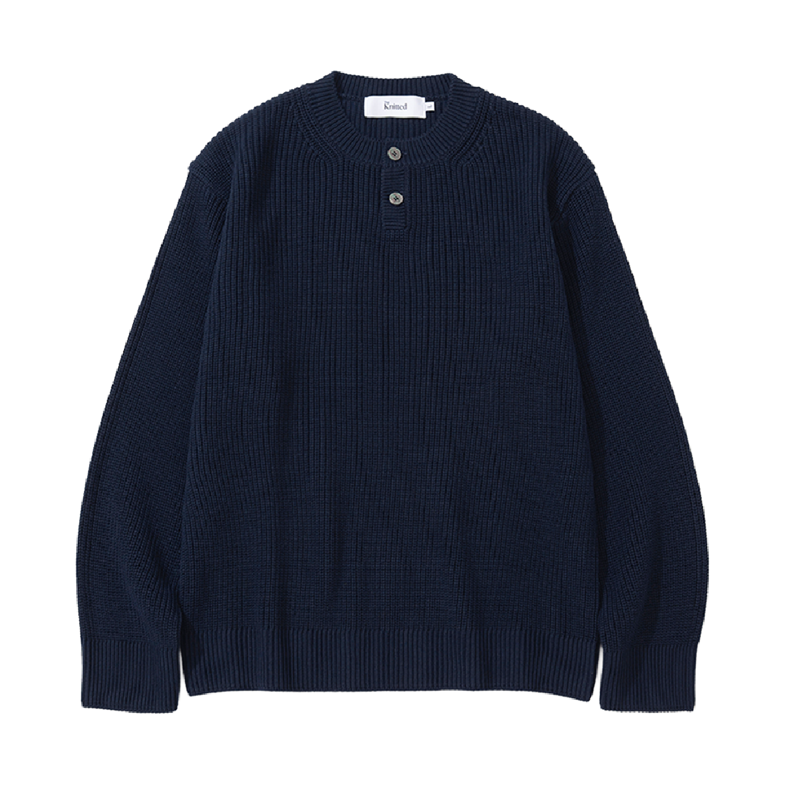 니티드 코튼 헨리넥 와플 니트 네이비(Knitted Cotton Henley Neck Waffle Knit Navy)