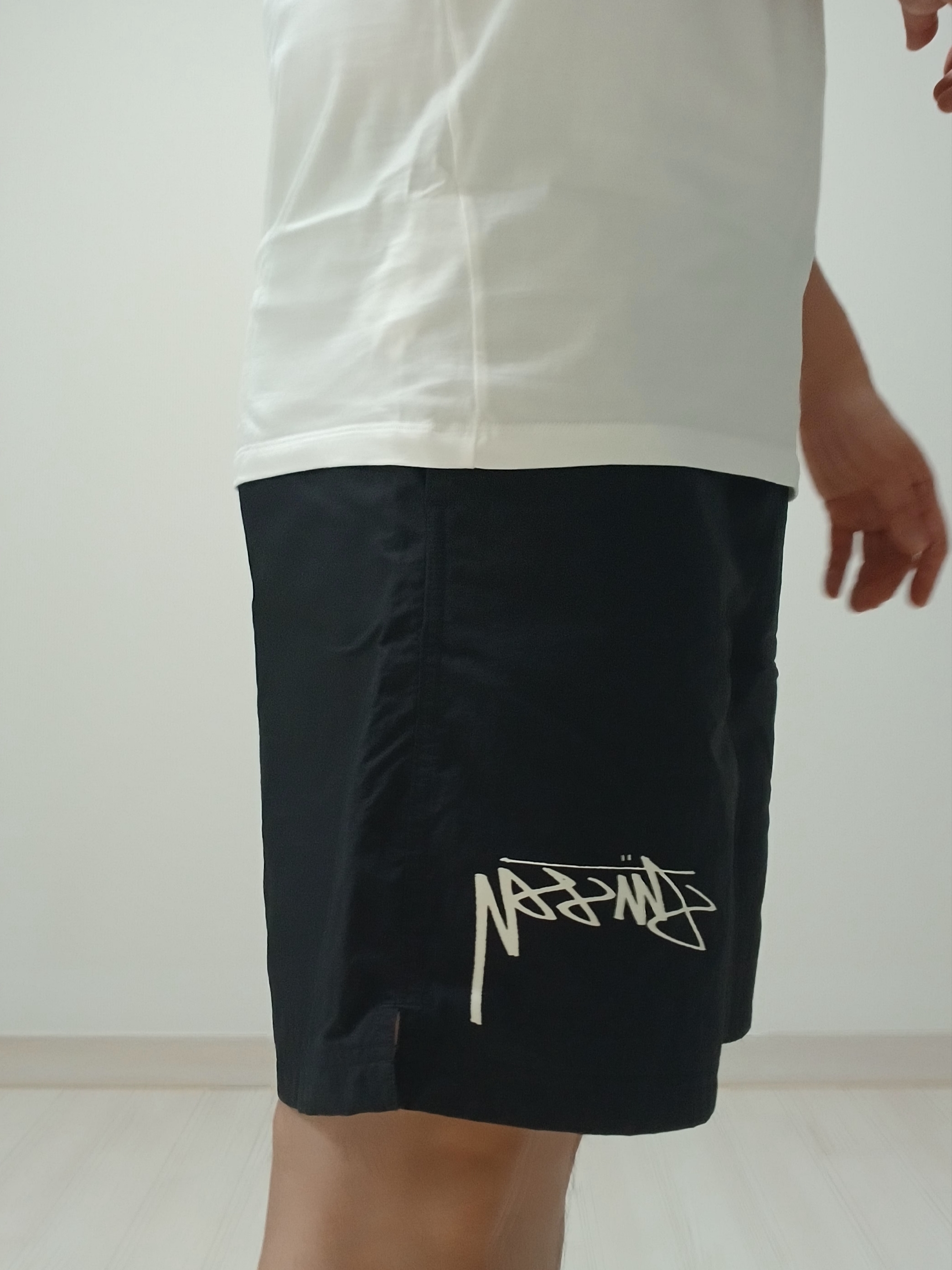 Arc'teryx Kragg SL Cotton Bird Word SS T-Shirt White Light Black, Nike x Stussy Shorts Black (FJ9167-010) 착용 스타일 - 6