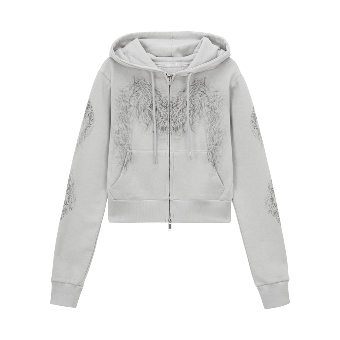 (W) 허그유어스킨 스컬리 크롭 후드 집업 그레이((W) hugyourskin Skully Crop Hoodie Zip-Up Gray)