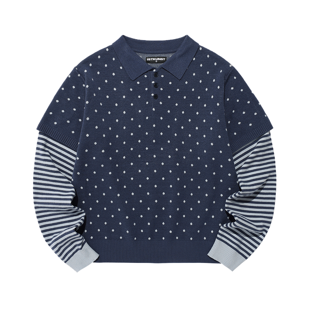 이스트쿤스트 도트 스트라이프 레이어드 칼라 니트 네이비(ISTKUNST Dot Stripe Layerd Collar Knit Navy)