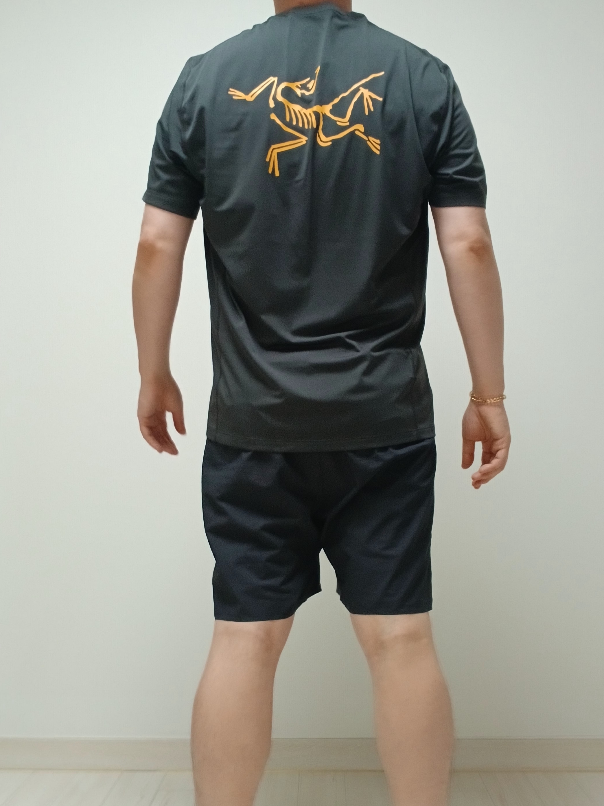 Arc'teryx Motus Arcword Crew SS T-Shirt Black Heather, Arc'teryx Norvan Liner 7 Inch Shorts Black 착용 스타일 - 5