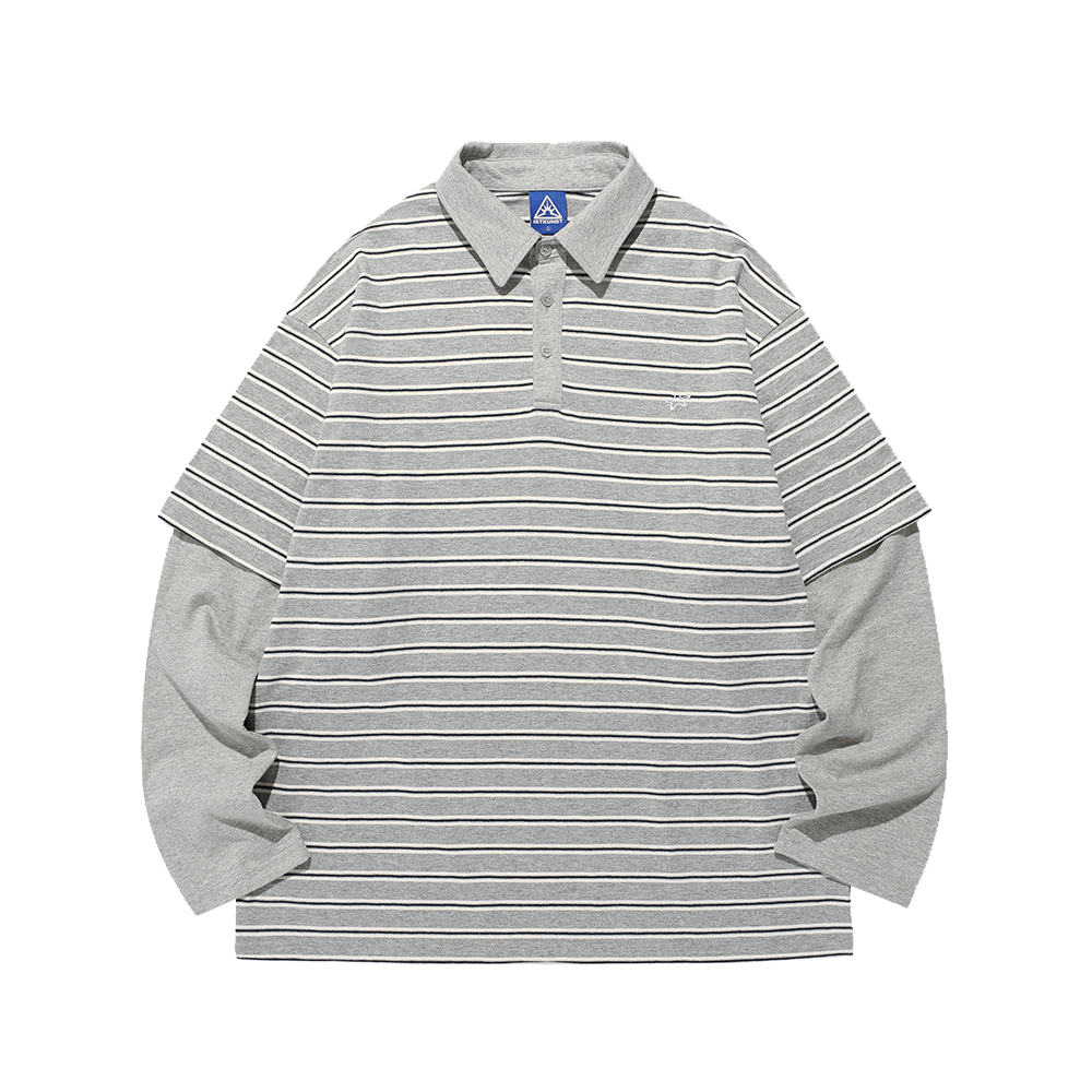 IK2FFMT551AGR ISTKUNST Stripe Layerd Rugby Collar LS Tee Grey