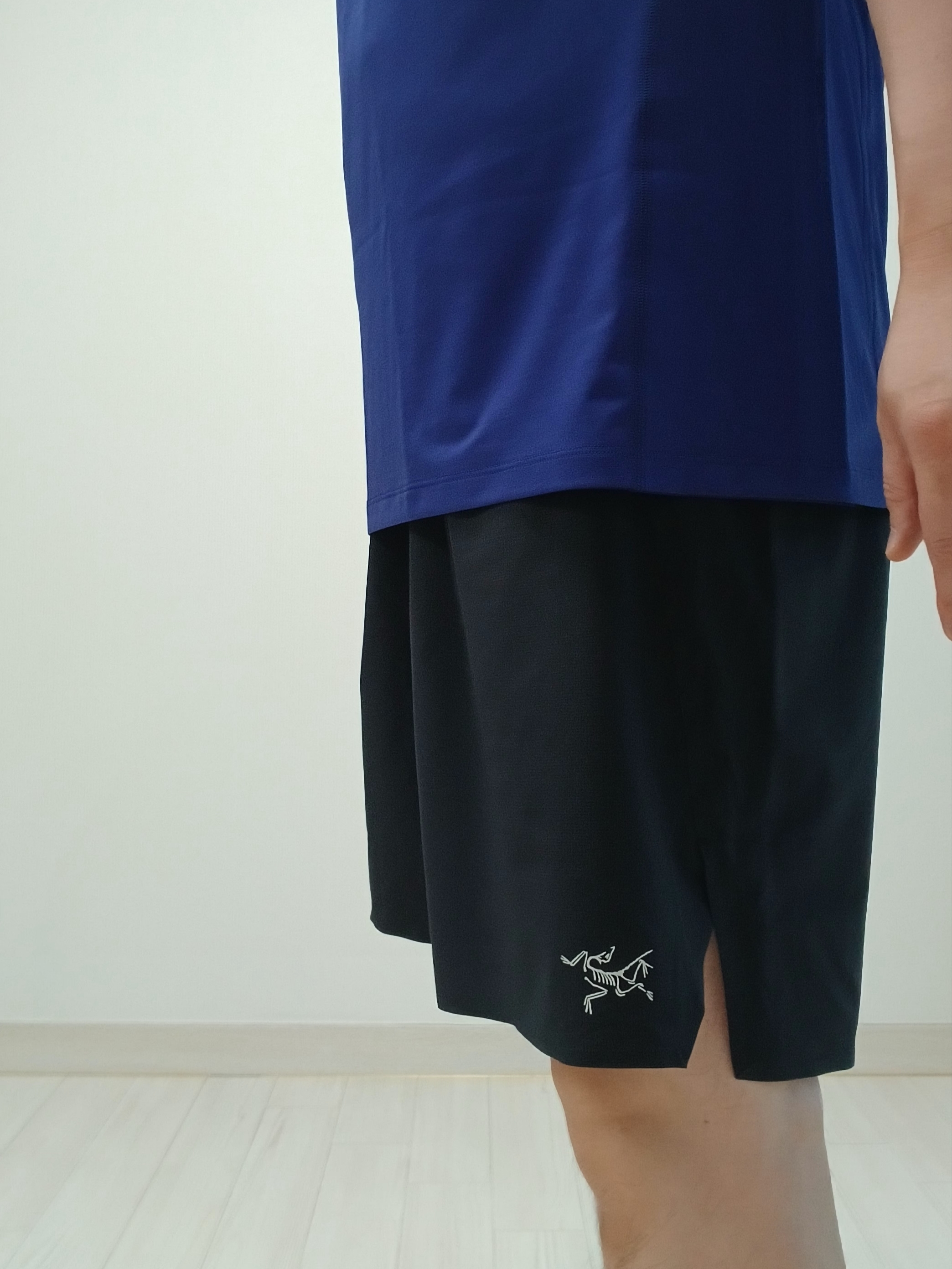 Arc'teryx Motus Arcword Crew SS T-Shirt Soulsonic Heather, Arc'teryx Norvan Shorts 7 Inch Black 착용 스타일 - 4
