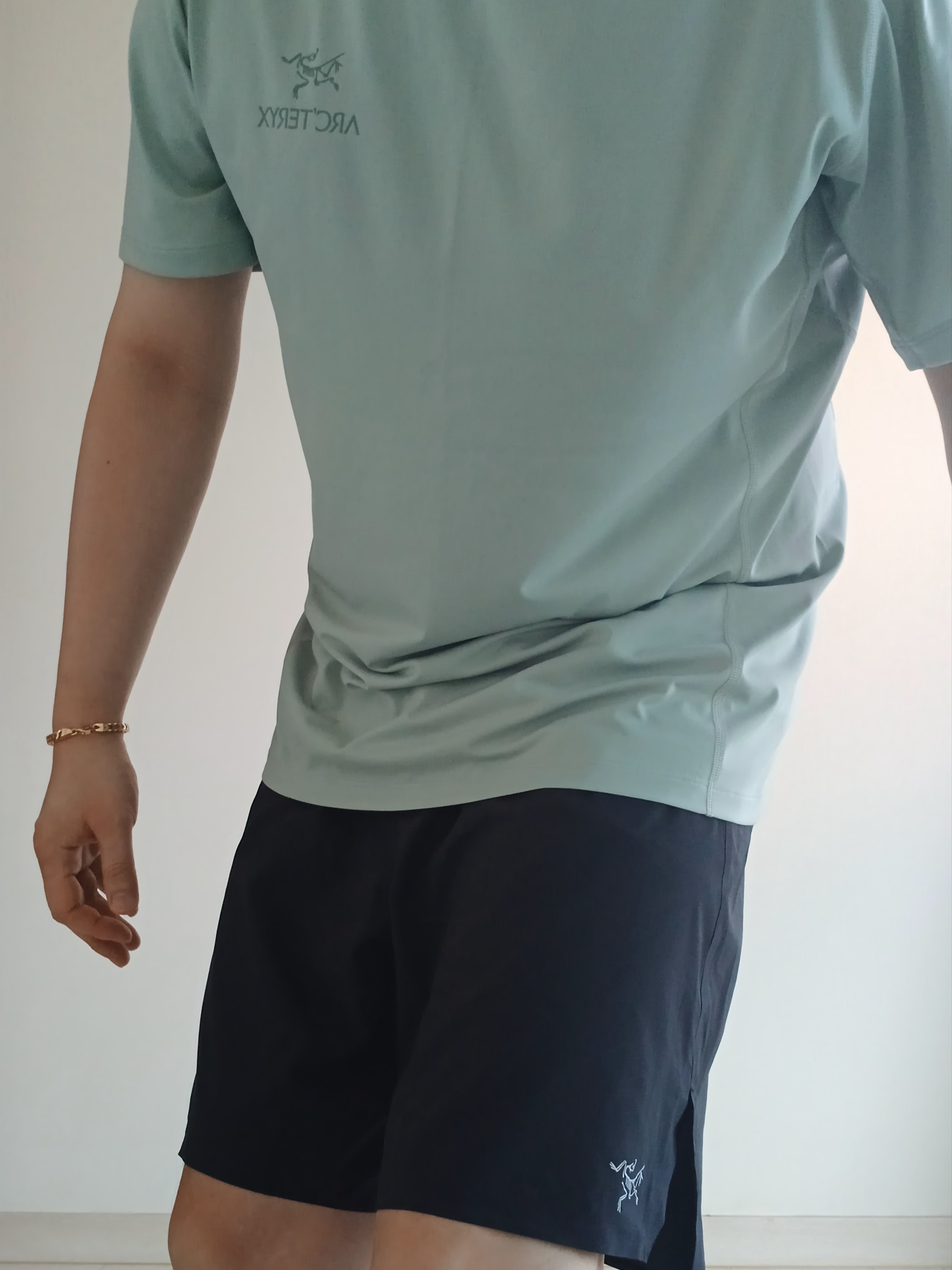 Arc'teryx Motus Arcword Crew SS T-Shirt Stone Green Heather, Arc'teryx Heliad 6 Crossbody Bag Black 착용 스타일 - 4