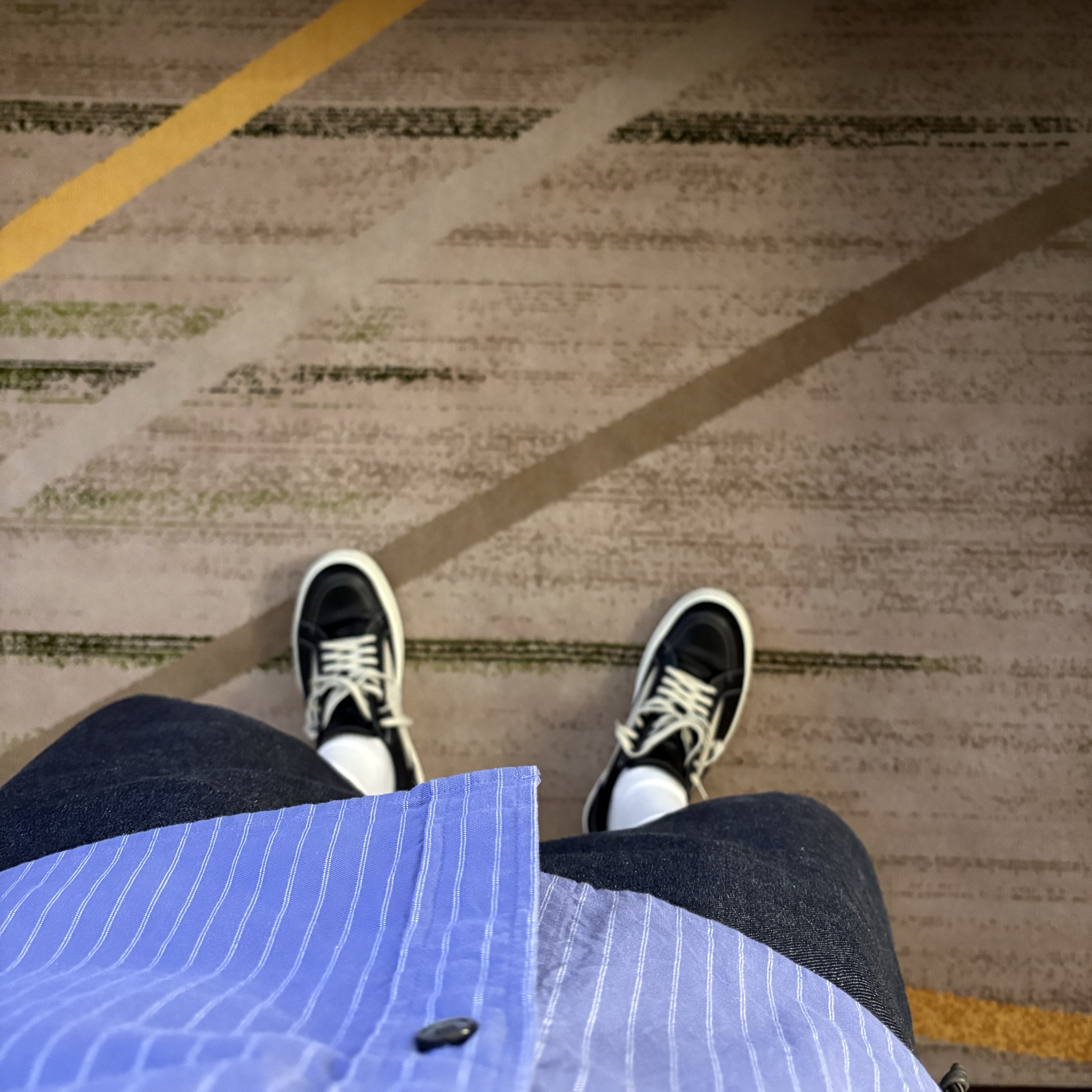 Stussy Oxford Shirt Blue Stripe, Rick Owens Vintage Sneakers in Full Grain Calf Leather And Velour Suede Black Milk Milk 착용 스타일