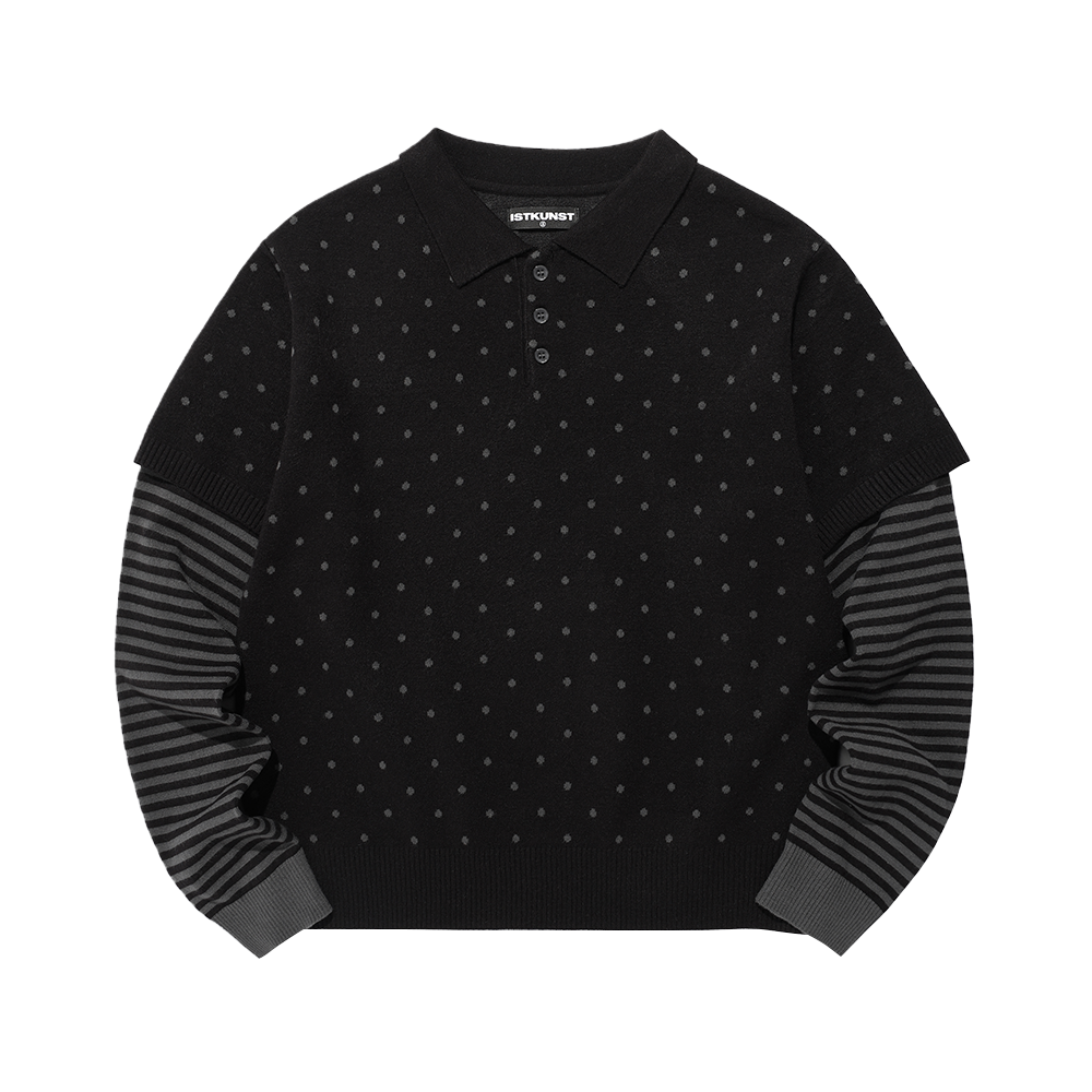 이스트쿤스트 도트 스트라이프 레이어드 칼라 니트 블랙(ISTKUNST Dot Stripe Layerd Collar Knit Black)
