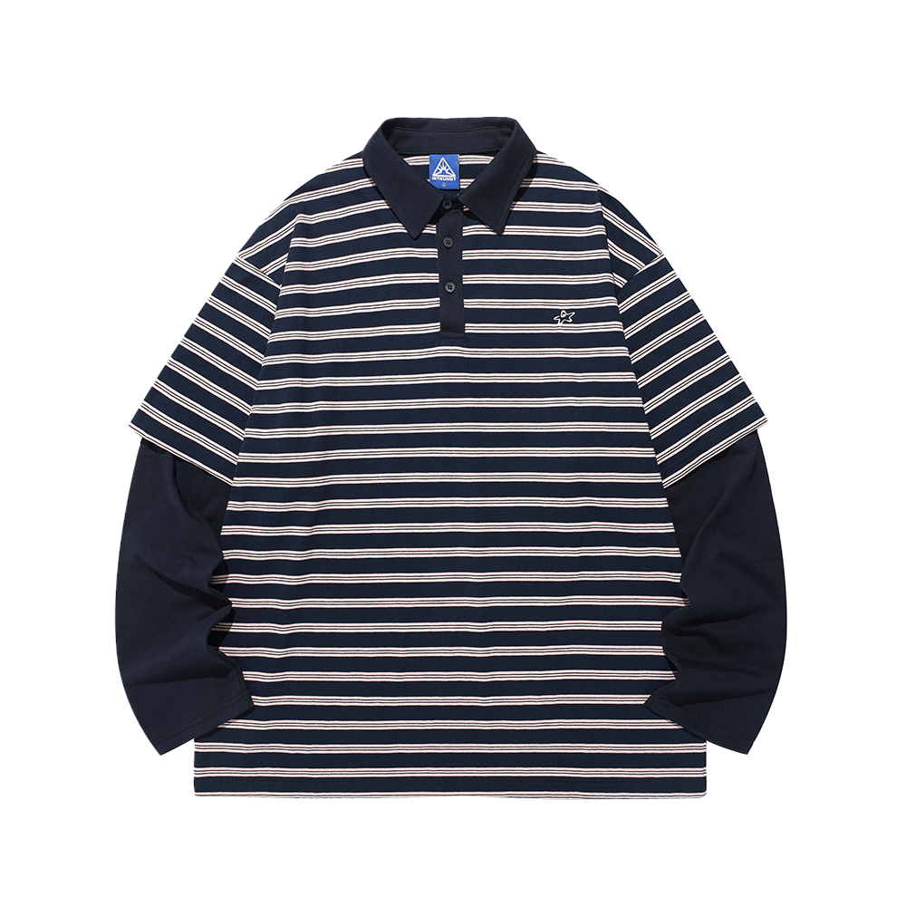 이스트쿤스트 스트라이프 레이어드 럭비 칼라 롱슬리브 티셔츠 네이비(ISTKUNST Stripe Layerd Rugby Collar LS Tee Navy)