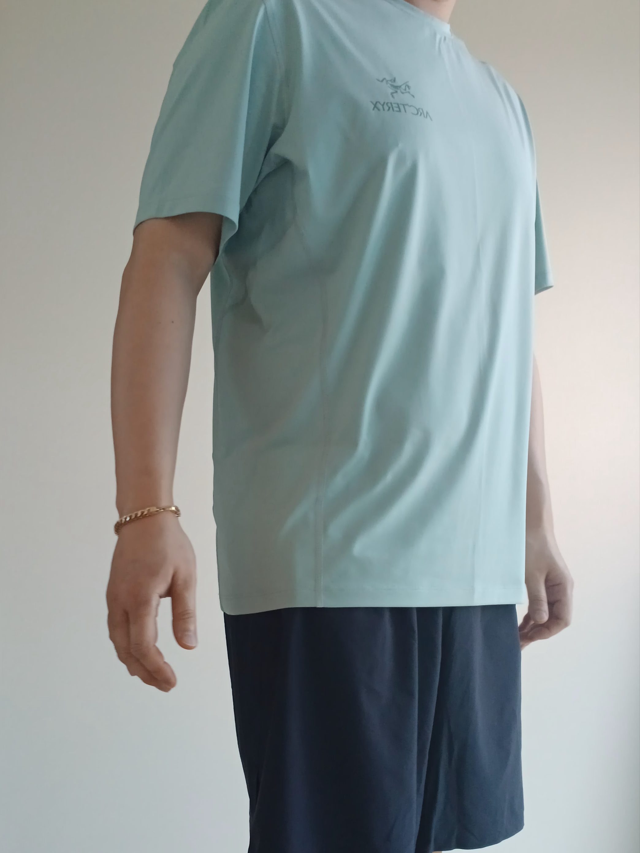 Arc'teryx Motus Arcword Crew SS T-Shirt Stone Green Heather, Arc'teryx Heliad 6 Crossbody Bag Black 착용 스타일 - 7
