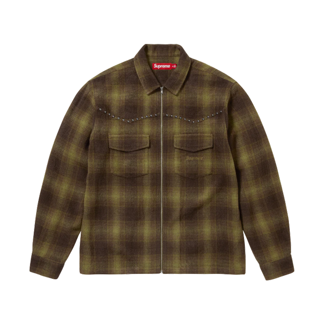 슈프림 스터드 쉐도우 플레이드 집업 셔츠 올리브 - 25FW