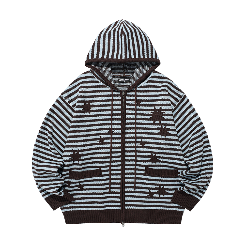 이스트쿤스트 스타 스트라이프 니트 후드집업 브라운(ISTKUNST Star Stripe Knit Hood Zip Up Brown)