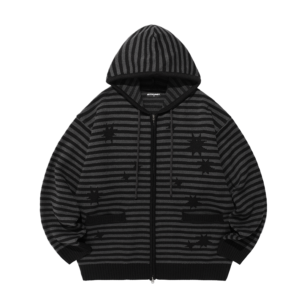 이스트쿤스트 스타 스트라이프 니트 후드집업 블랙(ISTKUNST Star Stripe Knit Hood Zip Up Black)