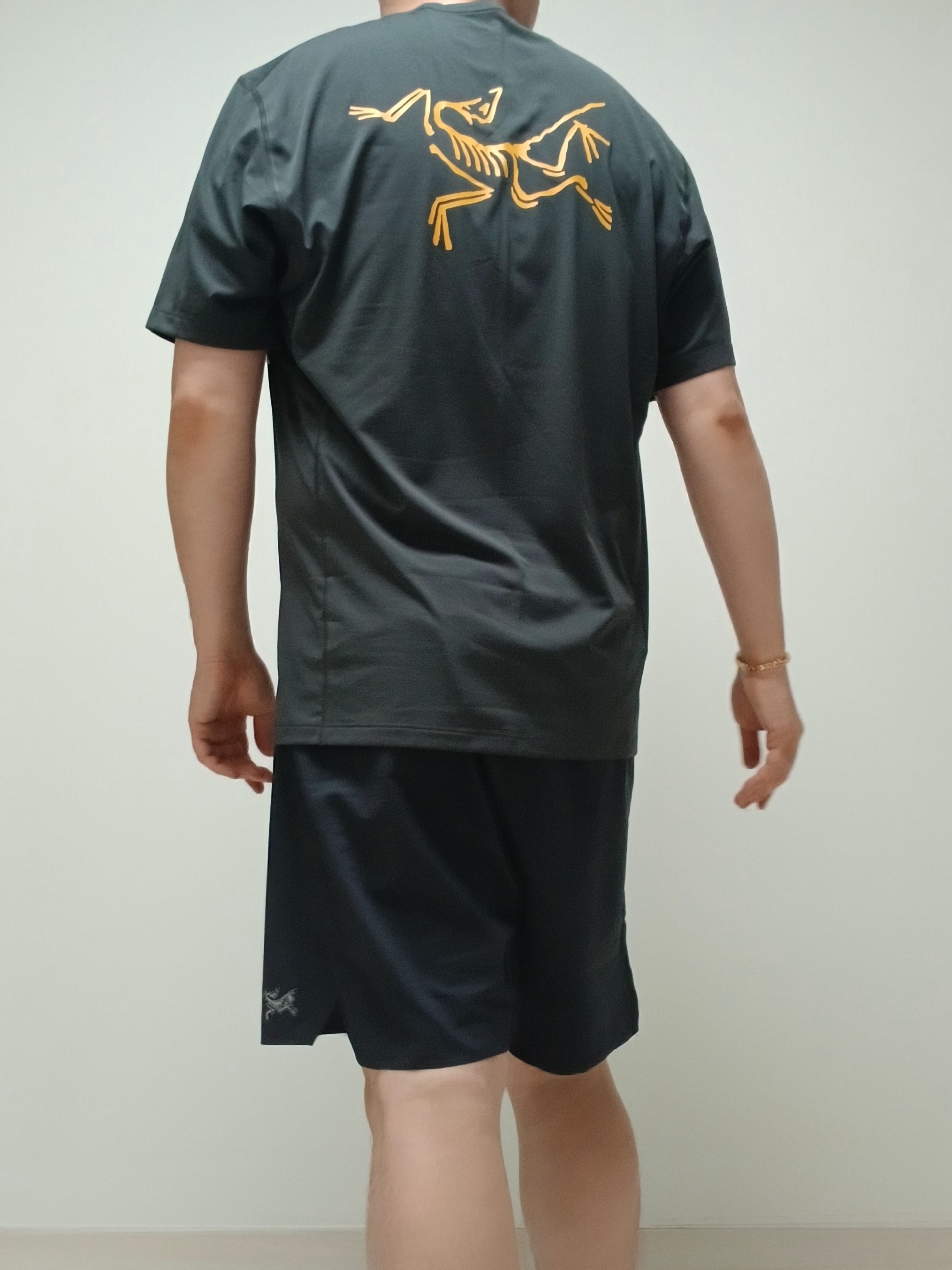 Arc'teryx Motus Arcword Crew SS T-Shirt Black Heather, Arc'teryx Norvan Liner 7 Inch Shorts Black 착용 스타일 - 1