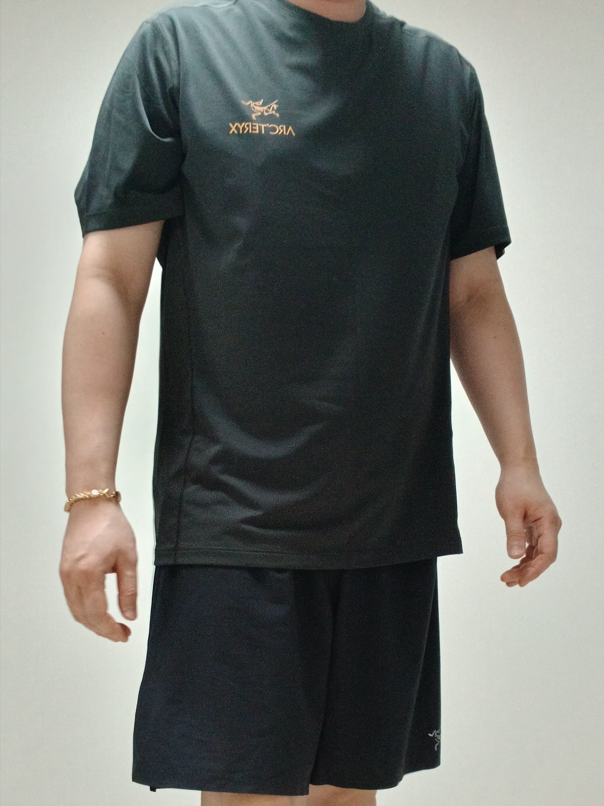 Arc'teryx Motus Arcword Crew SS T-Shirt Black Heather, Arc'teryx Norvan Liner 7 Inch Shorts Black 착용 스타일 - 3