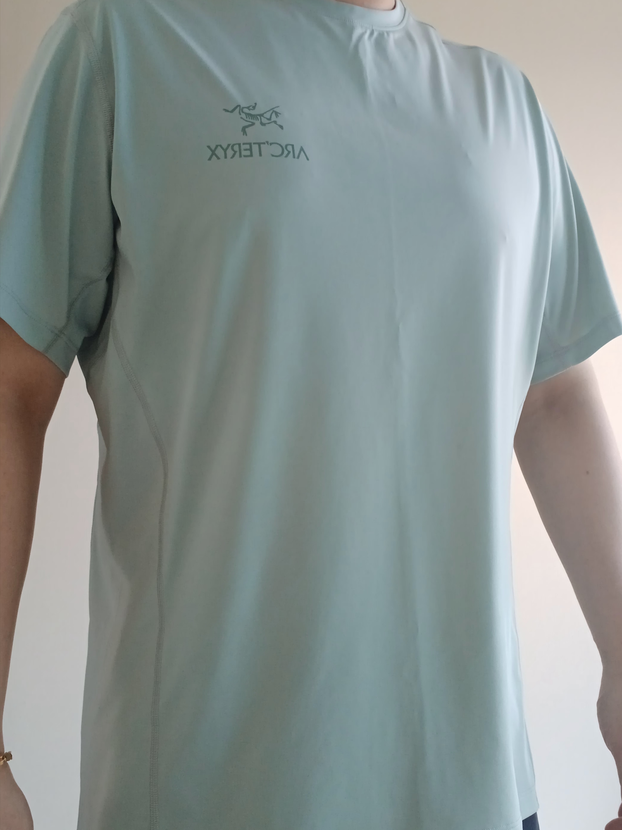 Arc'teryx Motus Arcword Crew SS T-Shirt Stone Green Heather, Arc'teryx Heliad 6 Crossbody Bag Black 착용 스타일 - 8