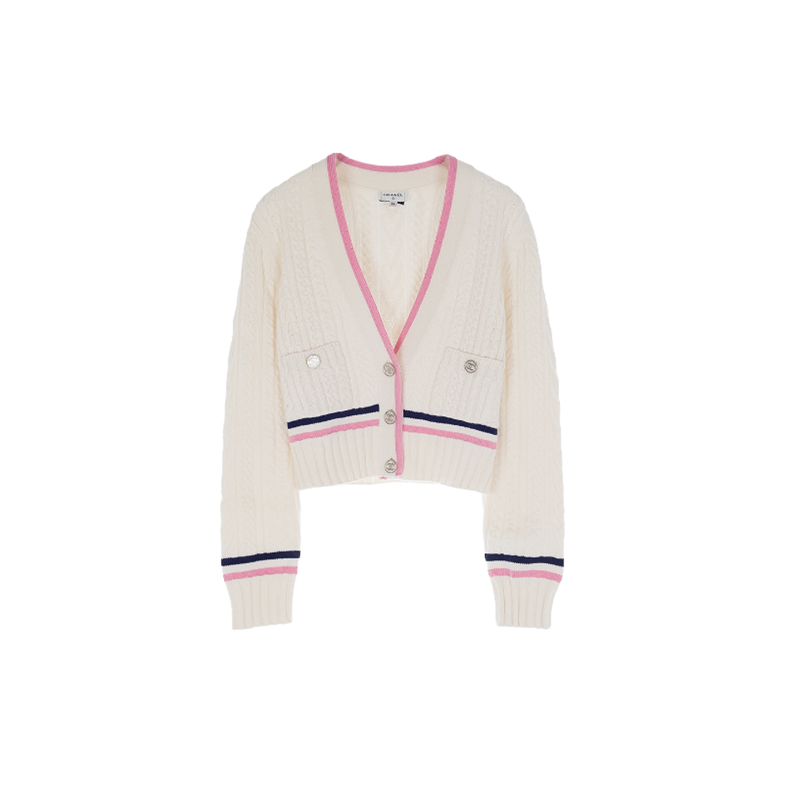 ITM3EA8F93AM CHANEL 23P Cashmere Cardigan 38 Ecru/Pink/Navy Blue