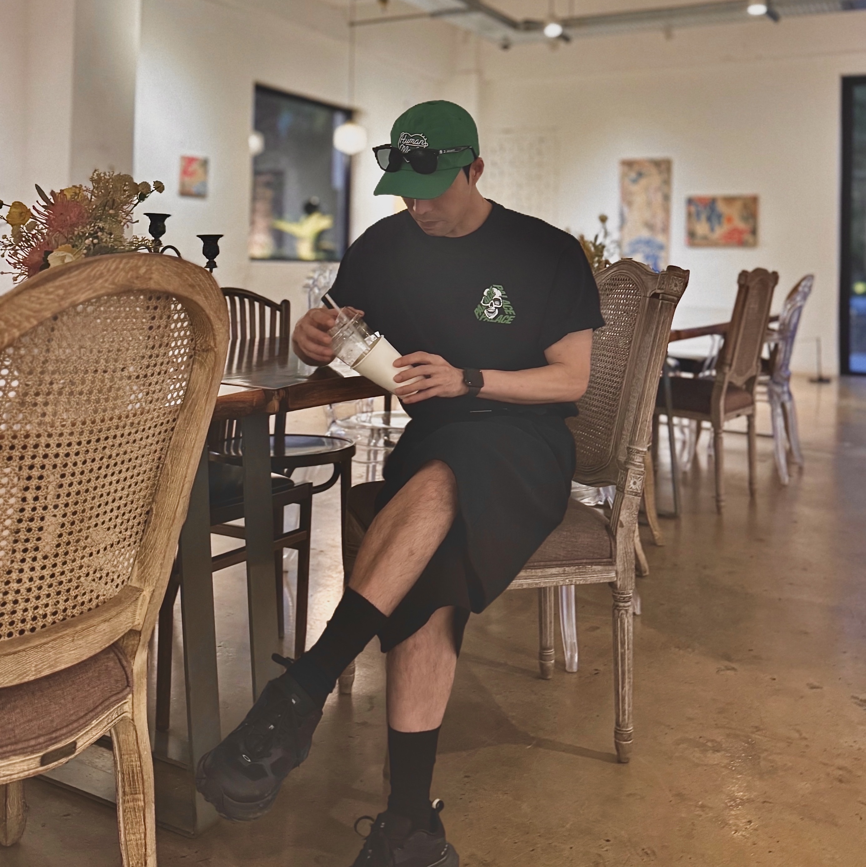 Human Made 5 Panel Nylon Cap Green, Palace P3 Skull T-Shirt Black - 25SS 착용 스타일