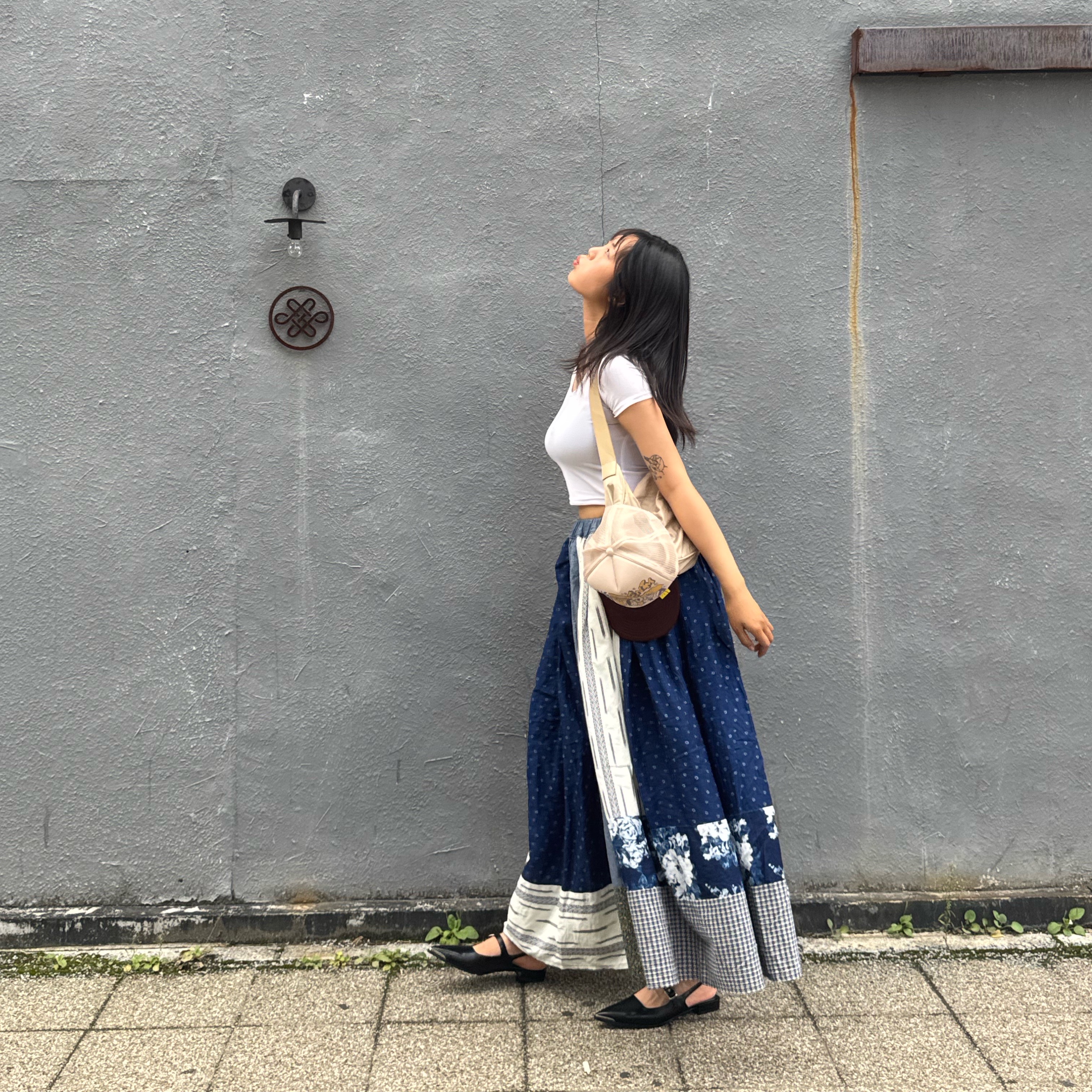 (W) Kapital Patchwork Gathered Skirt Indigo 착용 스타일