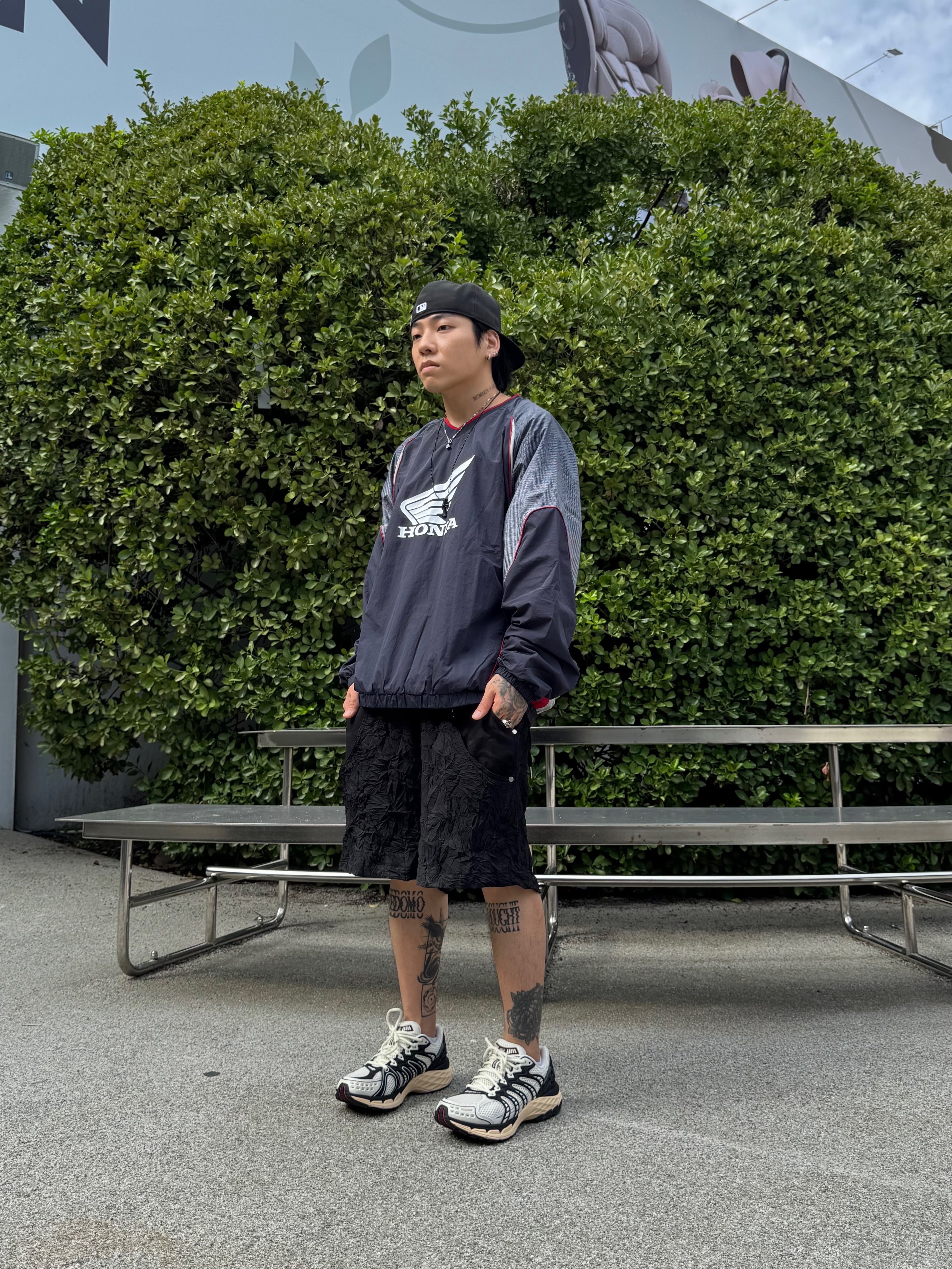 Honda Speed Track Nylon Long Sleeve Navy, Wapworks Crease Baggy Shorts 착용 스타일 - 6
