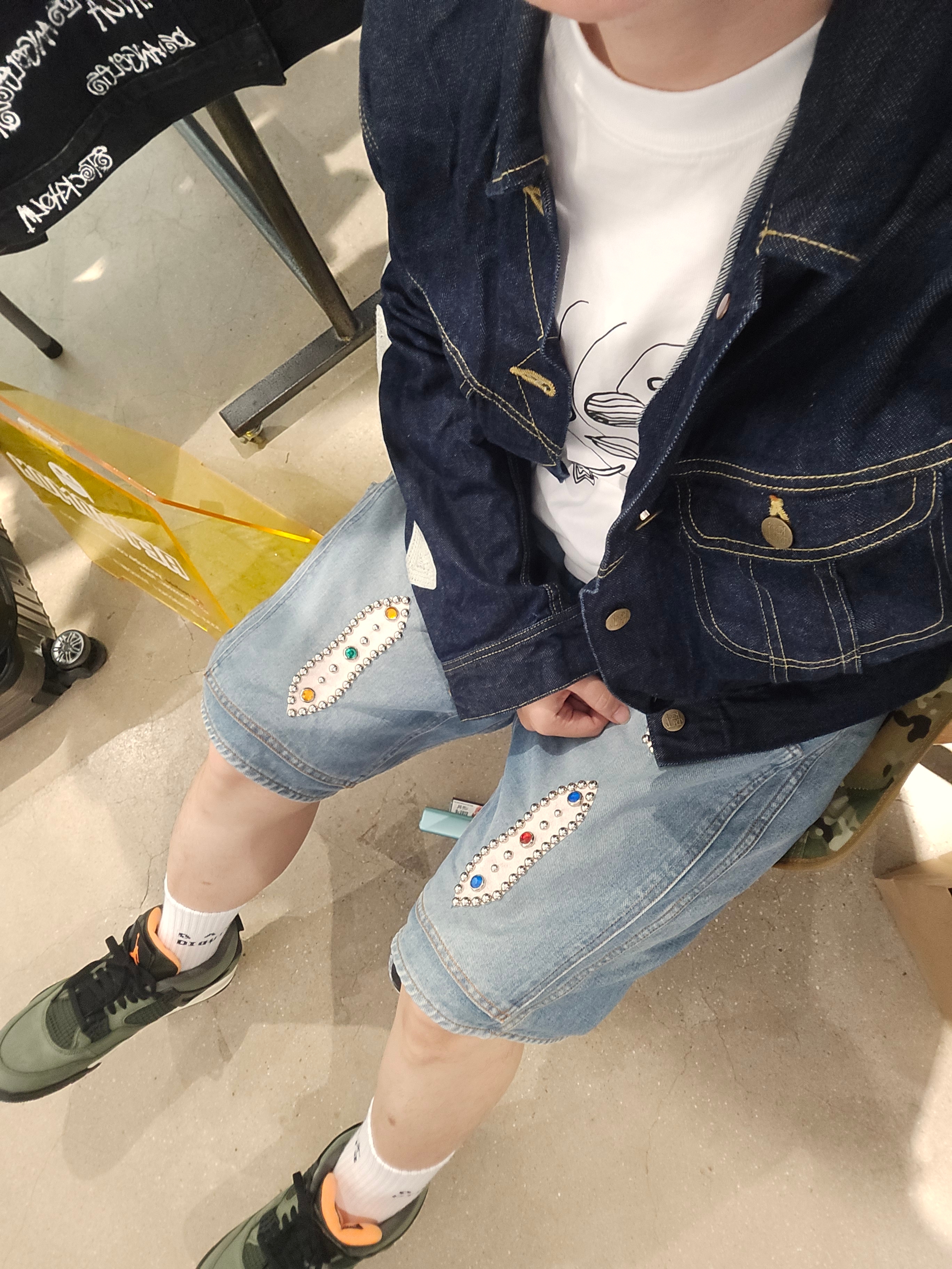 Jordan 4 x Undefeated Retro OG SP Deep Green and Clementine, Kapital 14 oz. Denim Short Pants Studs Remake Indigo (Processing) 착용 스타일 - 1