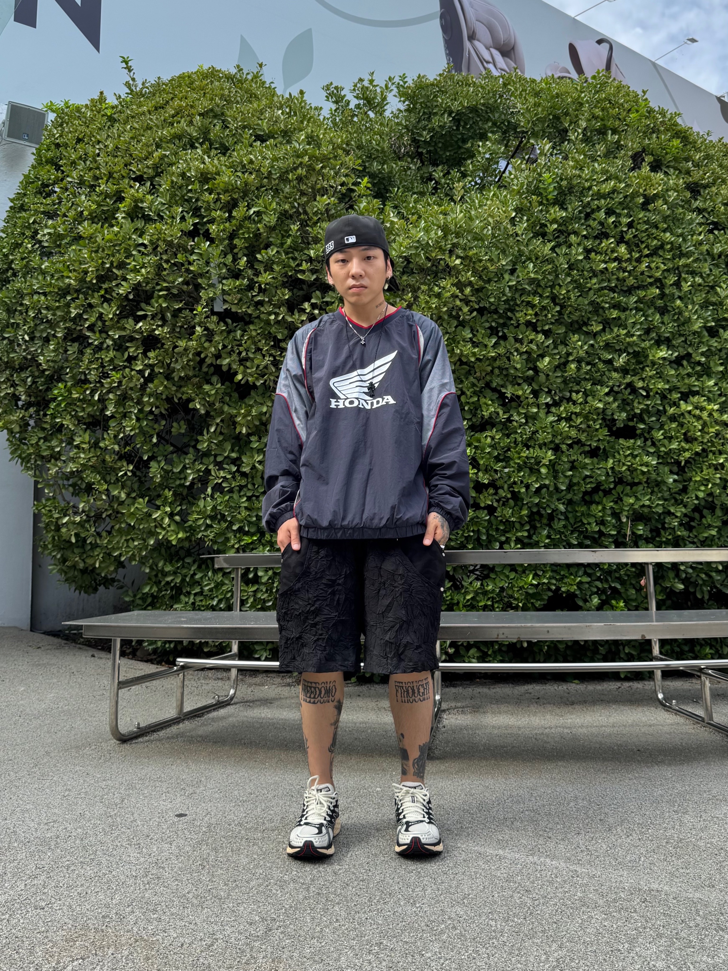 Honda Speed Track Nylon Long Sleeve Navy, Wapworks Crease Baggy Shorts 착용 스타일 - 4