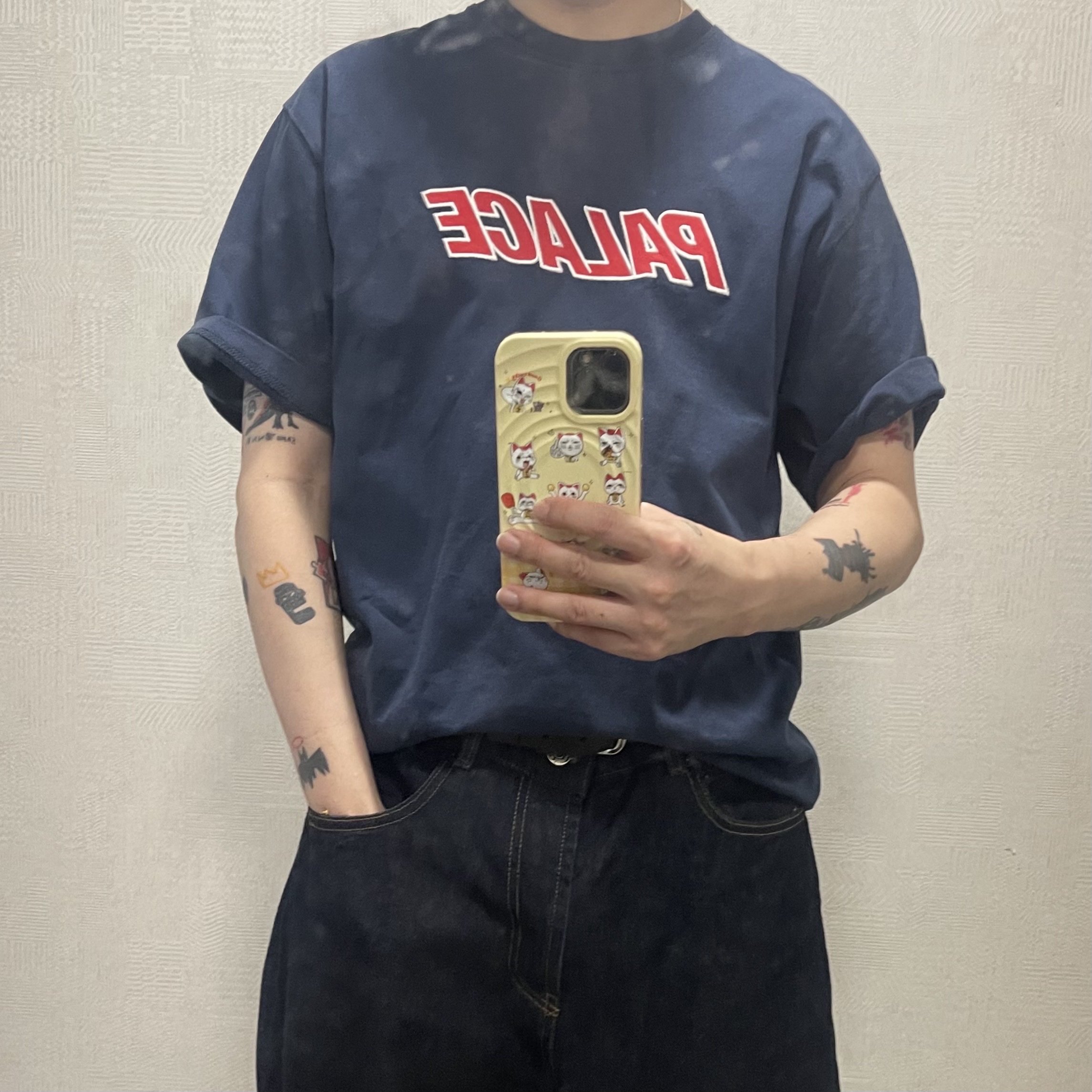 Palace Heavy Font T-Shirt Navy - 25SS, Supreme Rigid Baggy Selvedge Jean Rigid Indigo - 24FW 착용 스타일