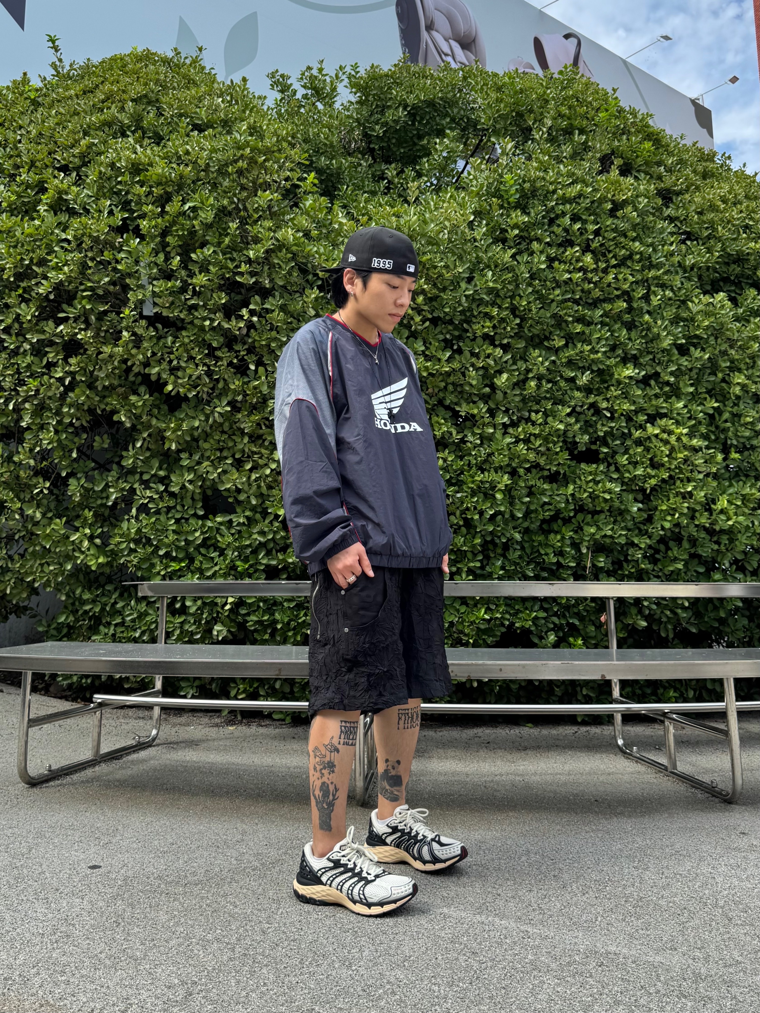 Honda Speed Track Nylon Long Sleeve Navy, Wapworks Crease Baggy Shorts 착용 스타일 - 5