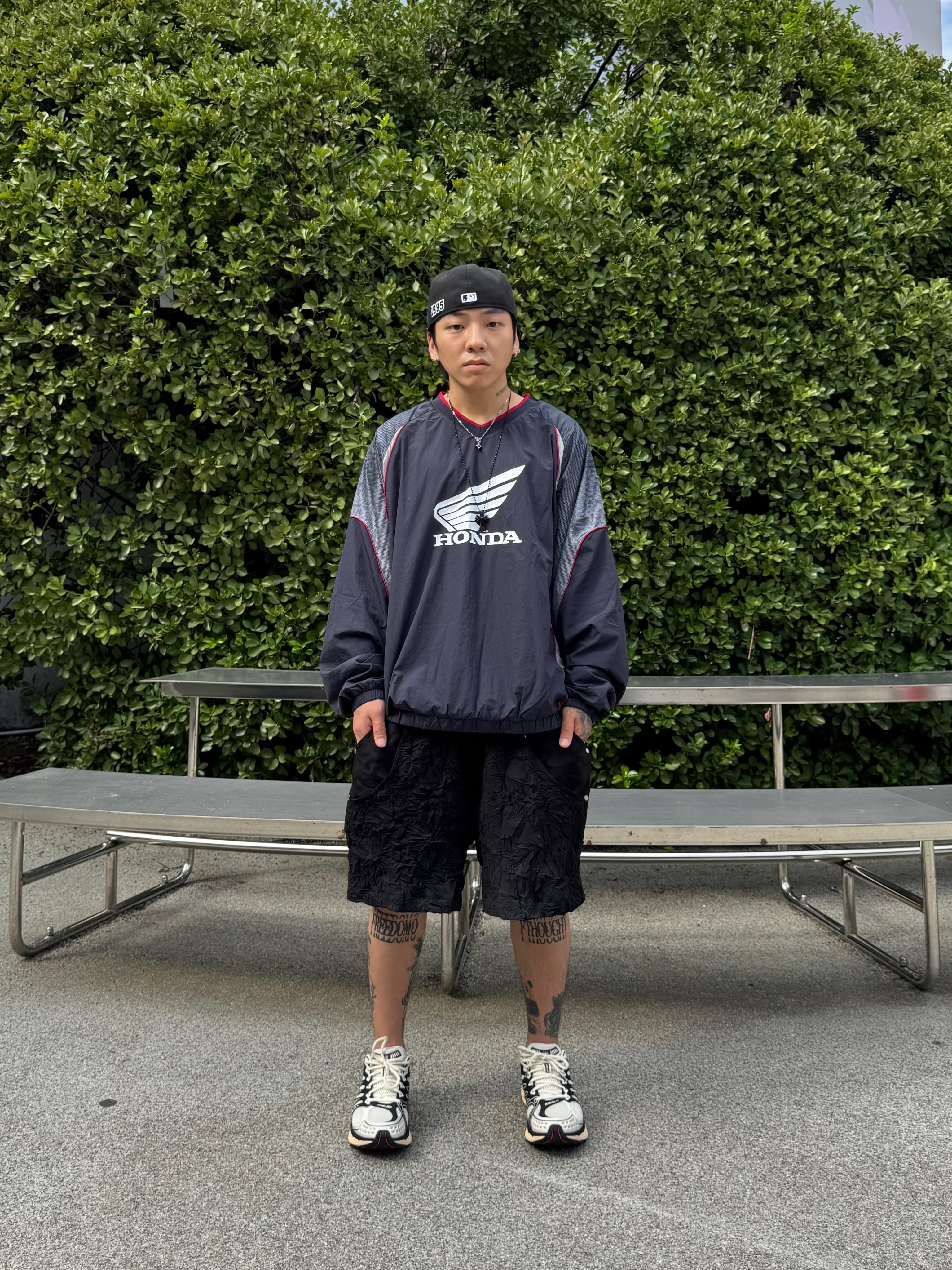 Honda Speed Track Nylon Long Sleeve Navy, Wapworks Crease Baggy Shorts 착용 스타일 - 3