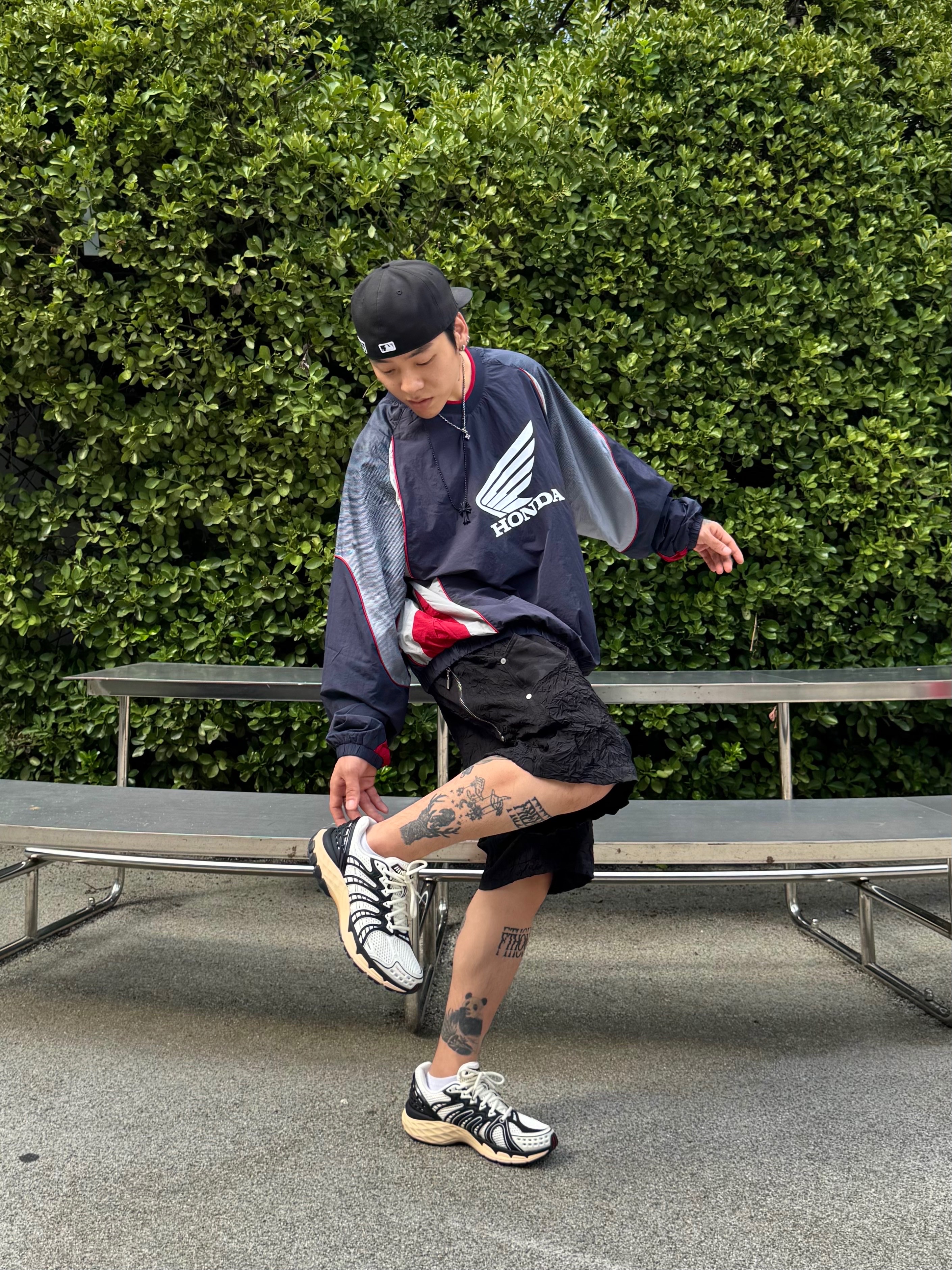 Honda Speed Track Nylon Long Sleeve Navy, Wapworks Crease Baggy Shorts 착용 스타일 - 1