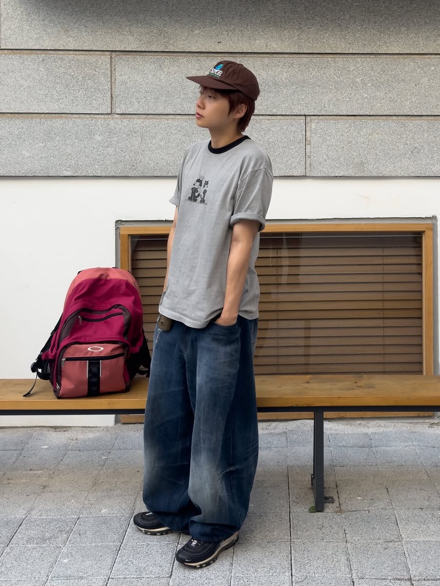 BLR Dirty Oil Washed Wide Denim Pants Blue 착용 스타일