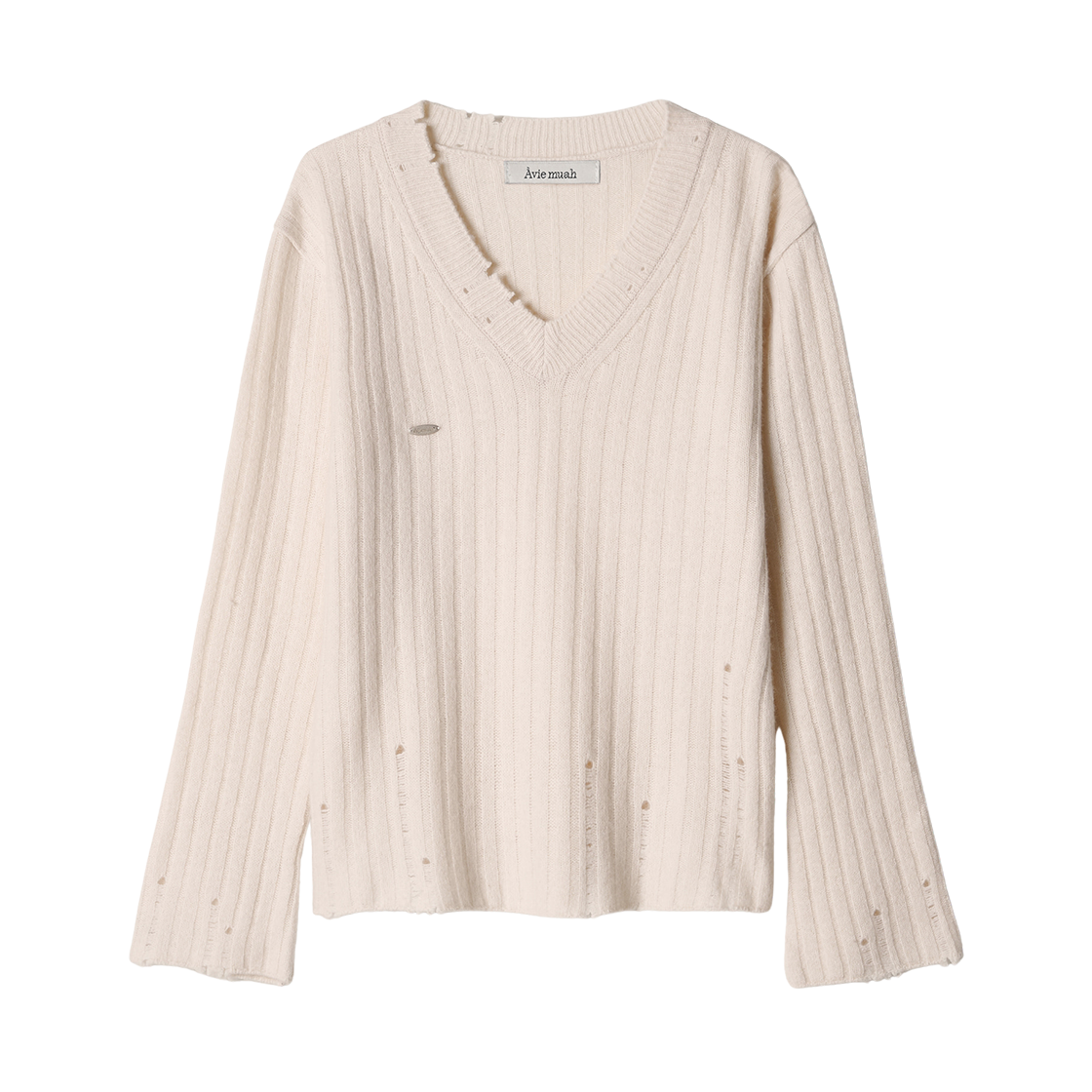 - (W) Aviemuah Distressed Ribbed V-Neck Knit Ivory
